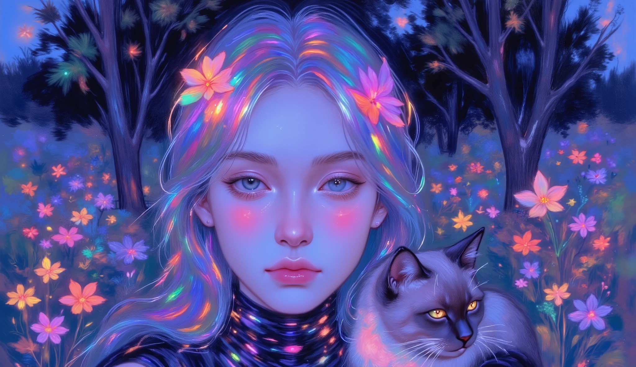 impressionist_ style ,oil ,brushstrokes that capture the essence of Impressionism with its vivacity, brilliant representation of a female face.
Illuminated woman's face , with her loyal Siamese cat curled up on her shoulder. She is standing in a field of glowing flowers, her eyes reflects the celestial light. Eerie fog and dark trees surround her.  painted in the style of Van Gogh.
Free and Expressive,focuses on the interaction of contrast and light instead of precise details. The colors are rich and dynamic, Blue Spectrum, Neon pink and white that creates a dreamy atmosphere. The person's pose is soft and meditative, vestir, adds emotional depth to the scene.,
TODO,this image embodies the impressionist ideal of capturing the moment,Sensory Effects of the Scene,uses color and light to convey mood and emotion.,
inspired by Impressionism ,  soft brushstrokes  , impasto ,Capturing Light and Atmosphere,optical mix , pinturas impressionists,oil,are bold and textured,create dynamic and vivid scenes,  Claude Monet ,Sensory Effects of the Scene,Edgar Degas, Camille Pissarro ,