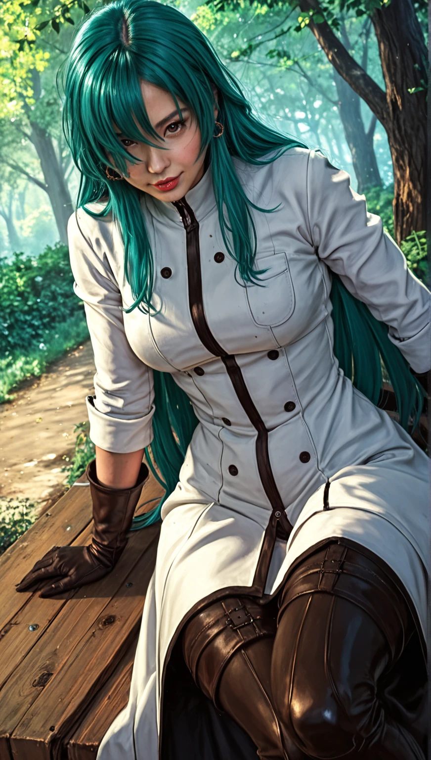 Woman, hair green, scar above the nose, Bust Big, long hair tied, sitting in a box, smoking a cigar, fur coat on her back, white blouse