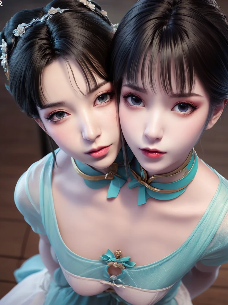 Masterpiece: The Best Night Full Moon 1 Female Mature Chinese Style Ancient Chinese Sister Royal Sister Smile Brown Hair Princess Cut Single Twist Braid Double Pill Head Light Pink Lips, Calm, Intellectual, Medium Hair, Green Eyes, Hairpin, Hydrangea,