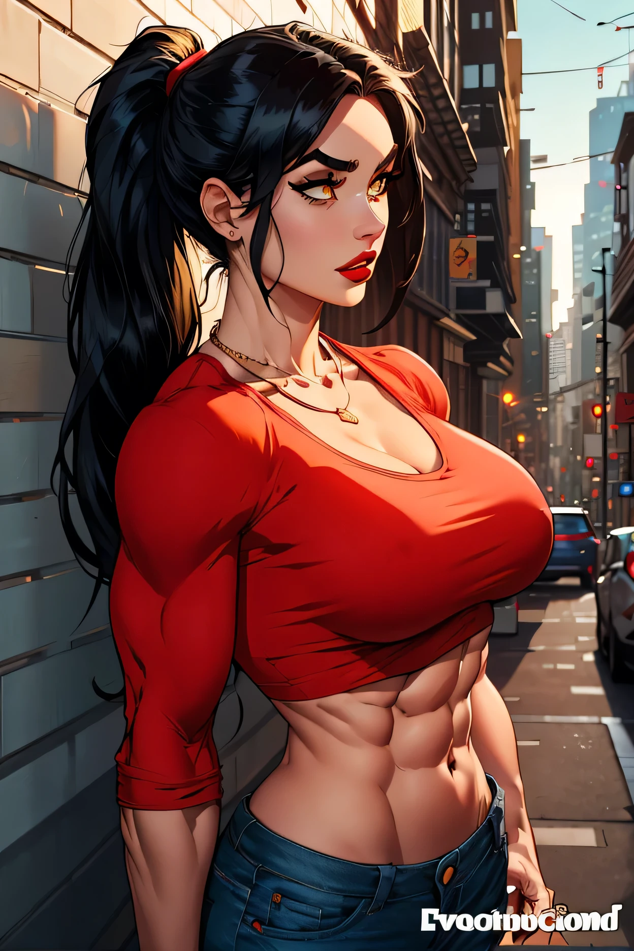 (cityscape:1.3), from side, ponytail, long hair, black hair, black eyebrows, thin eyebrows, golden eyes, red lips, thick lips, crop top, red crop top, medium breasts, (abs:1.1), (muscles:1.1), (jeans:1.1), (shorts:1.1), necklace, hand on hip, standing