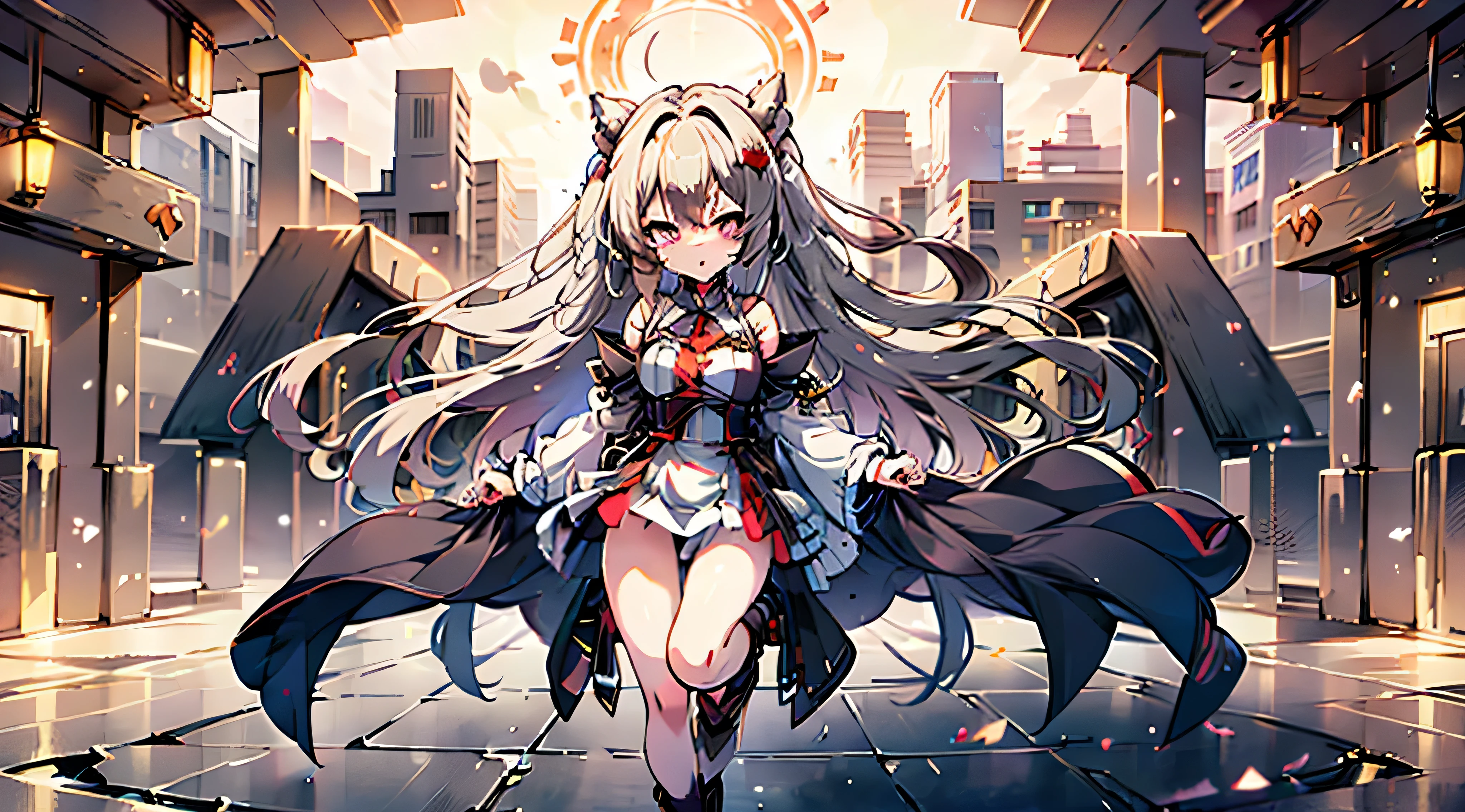 original female Flügel character from No Game No Life universe, full-body, elegant and powerful, long fluffy gradient hair (pink to blonde), golden glowing eyes with slit pupils, large geometric magic wings made of circuits and light, wearing futuristic and revealing Flügel-style outfit with high collar, detached sleeves, glowing runes, and thigh-high boots, levitating with open book and glowing spell circle in hand, confident expression, background of a glowing floating library in the sky, cinematic lighting, anime-style shading, ultra detail, masterpiece, 8k