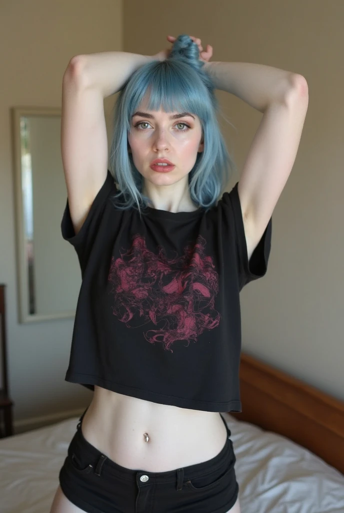 girl 21 years old, short shoulder-length hair, pink hair color