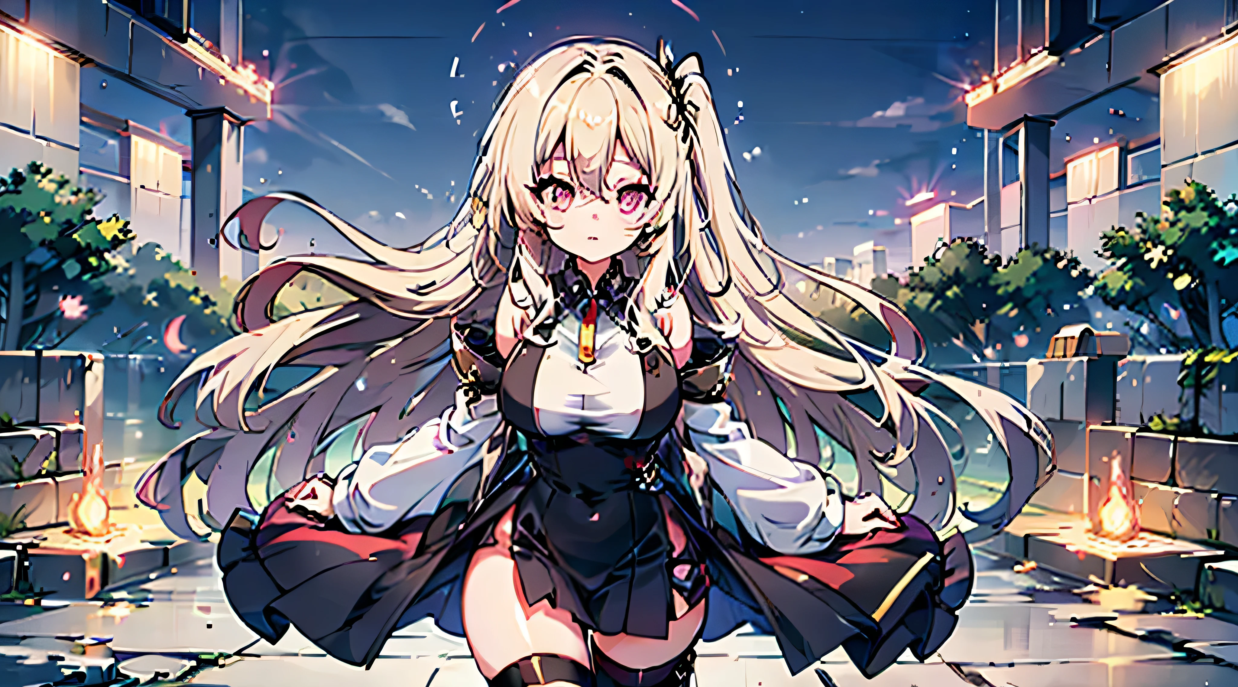 original female Flügel character from No Game No Life universe, full-body, elegant and powerful, long fluffy gradient hair (pink to blonde), golden glowing eyes with slit pupils, large geometric magic wings made of circuits and light, wearing futuristic and revealing Flügel-style outfit with high collar, detached sleeves, glowing runes, and thigh-high boots, levitating with open book and glowing spell circle in hand, confident expression, background of a glowing floating library in the sky, cinematic lighting, anime-style shading, ultra detail, masterpiece, 8k