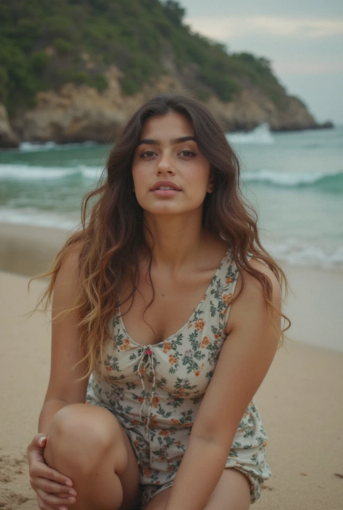 Por favor, fazer uma foto para perfil de facebook de mulher morena, 30 anos de idade, na praia, of sunglasses, paisagem de mar ao fundo