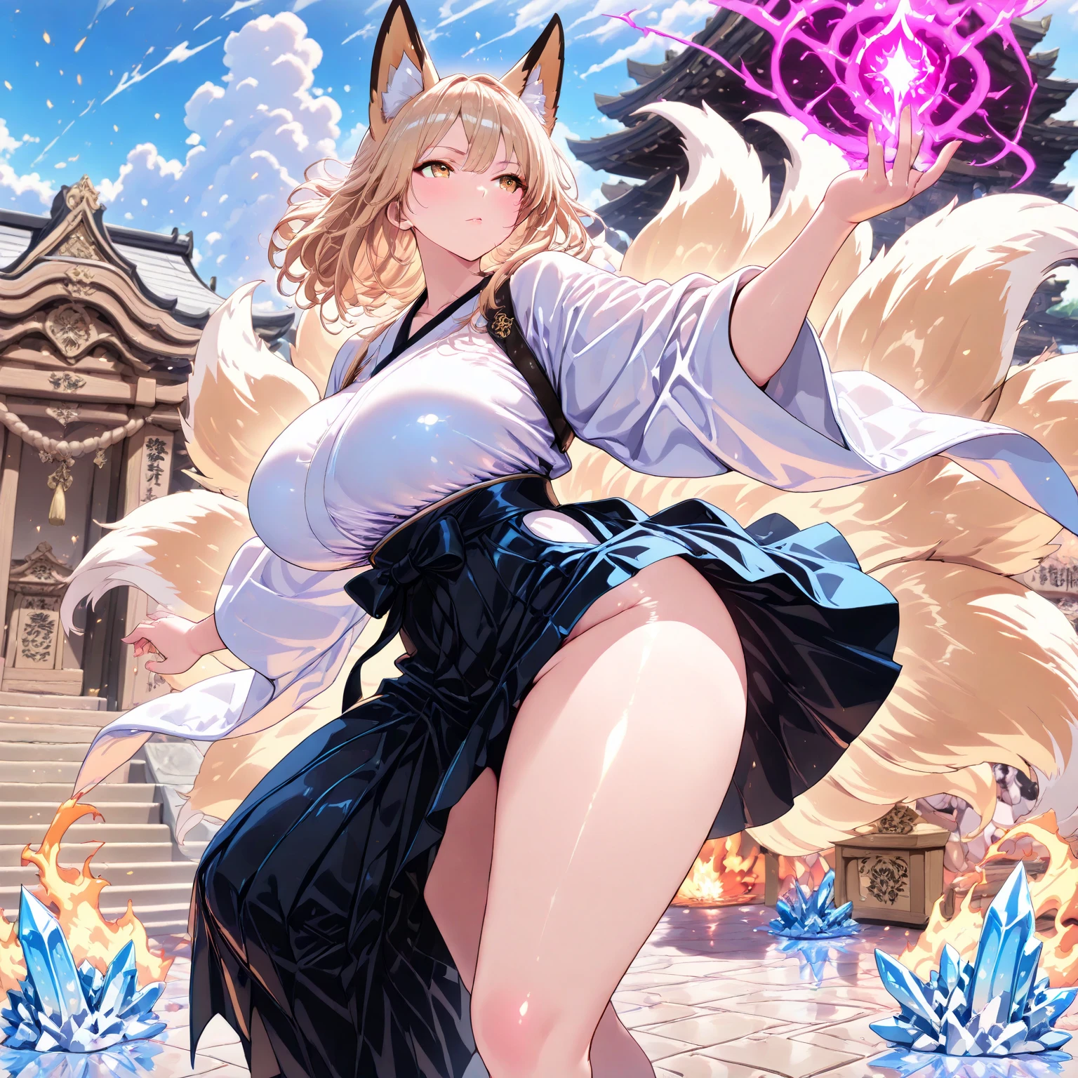 (masterpiece,best quality,very aesthetic),(ultra-detailed),high saturation,nsfw,girl,,solo,curvy,large breasts,thicc,(one fox tail,blonde fox ears,medium hair,low ponytail,blonde hair,messy hair,under-rim glasses),sideboob,long sleeves,empty eyes, gray eyes,(belly chain,fusion of gold trimmed white miko and highleg leotard,luxurious decoration),Expressionless,light smile,Mysterious,outdoors,plaza,dynamic dancing,Dancing on Stage for Japanese Shinto rituals,altar,outdoors,holding Sword with a shiny silver blade,slashing,(A mystical aura rises around girl,A mysterious aura)