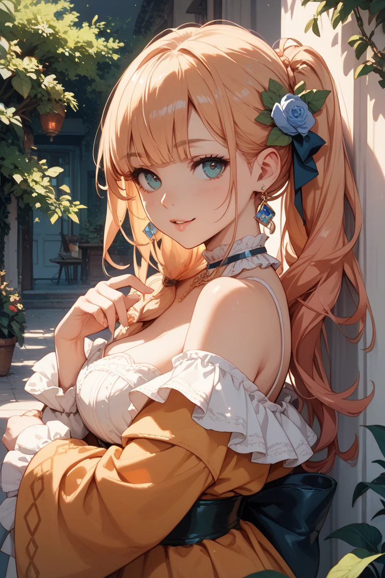 One angel wearing a yukata after a hot spring bath(:1.5)(Small body) (Orange Hair:1.5)(eyelash:1.2) (Mid-length hair:1.4), (Blue eyes)(Big Breasts:1.3)High Contrast