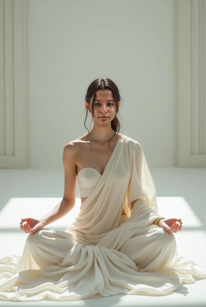 A hindu mendicant 45 year old woman who is meditating with eyes upwards and temple besides her, yet modern looking and pale color with beautiful hairs