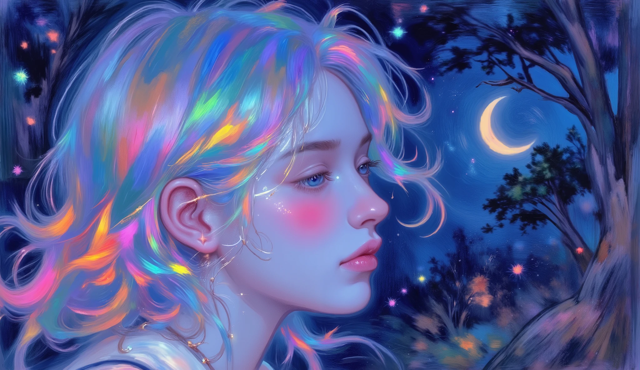 impressionist_ style ,oil ,brushstrokes that capture the essence of Impressionism with its vivacity, brilliant representation of a female face.
Illuminated woman's face. The wind blows and your hair flies with the wind,She is in profile, her eyes reflects the celestial light. Eerie fog and dark trees surround her. background only the starring night, and a big crescent moon. painted in the style of Van Gogh.
Free and Expressive,focuses on the interaction of contrast and light instead of precise details. The colors are rich and dynamic, Blue Spectrum, Neon pink and white that creates a dreamy atmosphere. The person's pose is soft and meditative, vestir, adds emotional depth to the scene.,
TODO,this image embodies the impressionist ideal of capturing the moment,Sensory Effects of the Scene,uses color and light to convey mood and emotion.,
inspired by Impressionism , soft brushstrokes , impasto ,Capturing Light and Atmosphere,optical mix , pinturas impressionists,oil,are bold and textured,create dynamic and vivid scenes, Claude Monet ,Sensory Effects of the Scene,Edgar Degas, Camille Pissarro ,