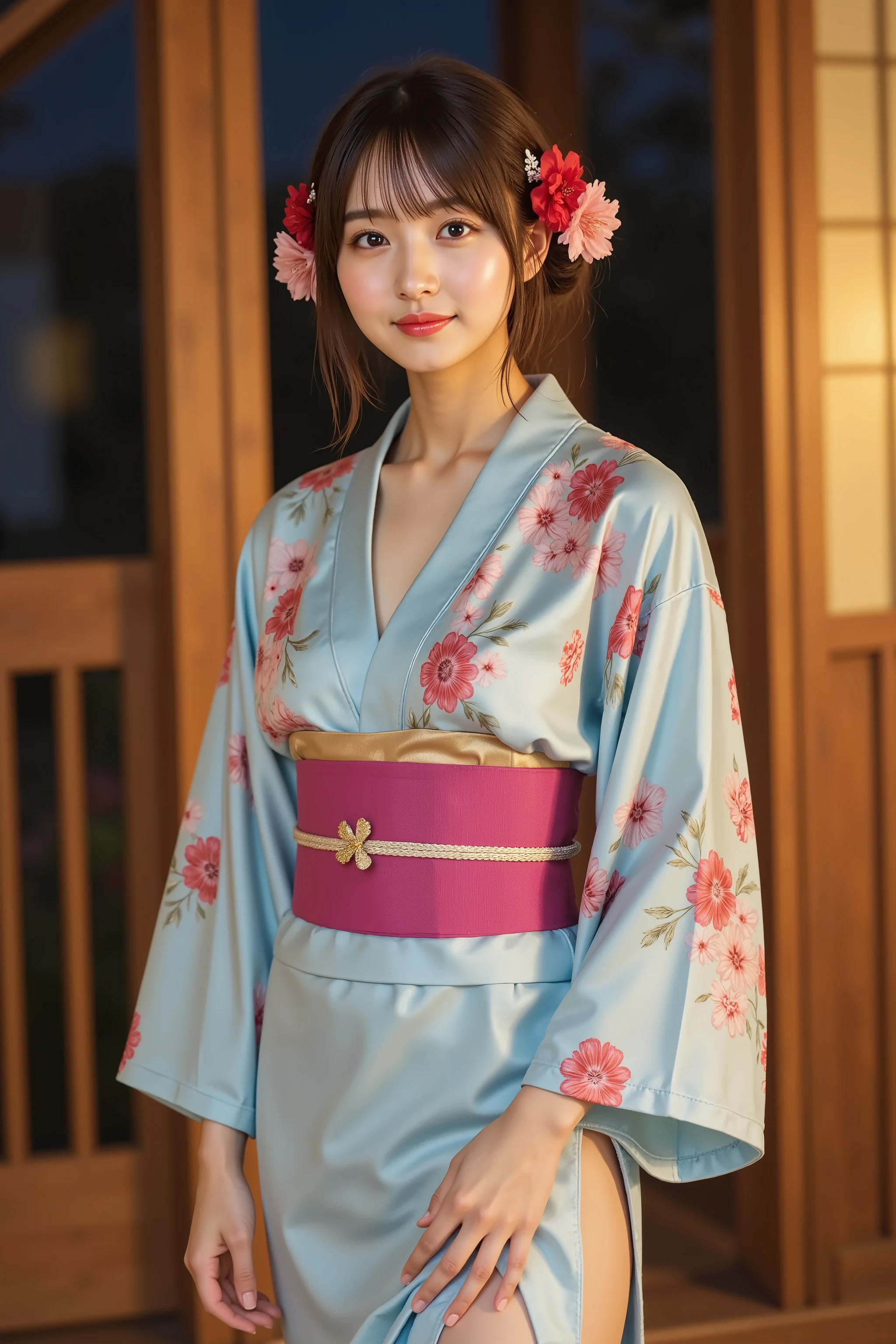 firm breast, by adjusting the framing so the subject's full head is visible within the composition, with the crop showing only from just above the bust to slightly above the top of the head. Ensure there is a comfortable amount of background space above the head to establish spatial context. A traditional yet modernized yukata outfit featuring a sky-blue fabric adorned with vivid floral patterns in shades of pink, red, and pale yellow. The cherry blossom motifs are arranged across the sleeves, shoulders, and skirt, creating a balanced seasonal design. The fabric has a soft luster that reflects ambient light, adding gentle depth and motion with each step. The V-neckline overlaps cleanly at the front, framing the collarbone with structured lines and adding elegance to the upper silhouette. A wide fuchsia obi wraps the waist, tied in a bold bow at the front. A narrow gold sash and a white cord run through it, providing contrast and layering to the central design. The sleeves are loose and long, flowing gracefully around the arms, highlighting traditional aesthetics. A high side slit in the skirt introduces a bold modern touch, revealing part of the thigh and adding a sense of dynamism to the outfit. Her hair is gathered in a soft updo, decorated with red and pink floral pins that cascade downward, mirroring the design of the yukata. A few loose strands frame her face, softening her overall look. The background appears to be a quiet summer night. Wooden sliding shoji doors open to a veranda, beyond which a dark sky stretches out, with the faint silhouette of trees swaying gently. Warm lighting from inside the room casts a golden hue on the wooden frames and polished floorboards. This light also catches the soft texture of the yukata, highlighting the color and embroidery in subtle gradients. The entire composition captures a mix of tradition and modernity, delivering a mood that is tranquil, elegant, and gently romantic.