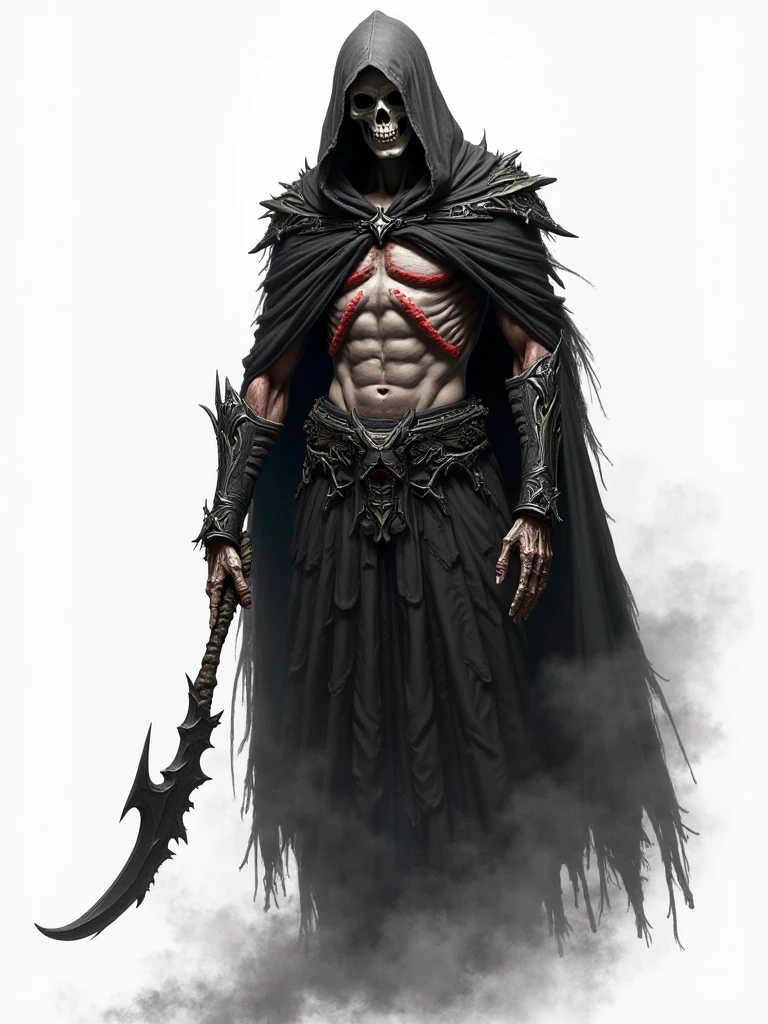 Make a picture of a skull with a hood and muscles, on black and white background, that the image is centered from the head to the hip