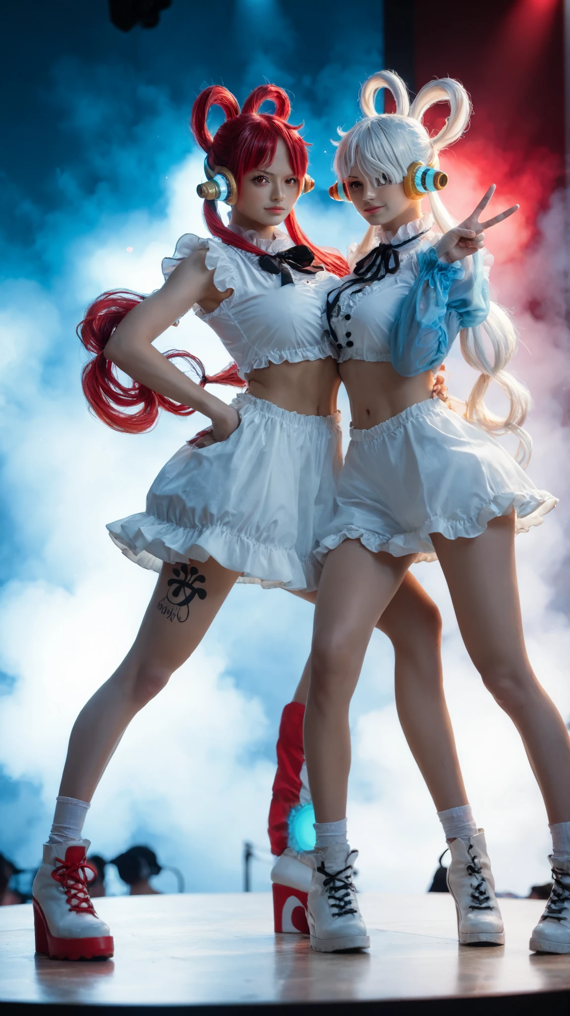 best quality, masterpiece, 1 girl, Uta from One Piece, standing on a concert stage at night, serious expression, long split-color hair (half red, half white), pigtails, headphones, one eye covered by hair, purple glowing eyes, one hand raised above her head touching her hair, the other hand over her face forming a V shape near the eye, white frilly dress with a black bow, puffy blue sleeves, glowing background symbols, neon red runes, dramatic lighting, cyber concert vibe, moody atmosphere, anime style, full body, focus on hands and face, dynamic pose, vibrant shadows, theatrical ambiance, mysterious glow, asian, cute, beautiful, (21 years old), double hair, red hair, white hair, half red hair half white hair, toned stomach,