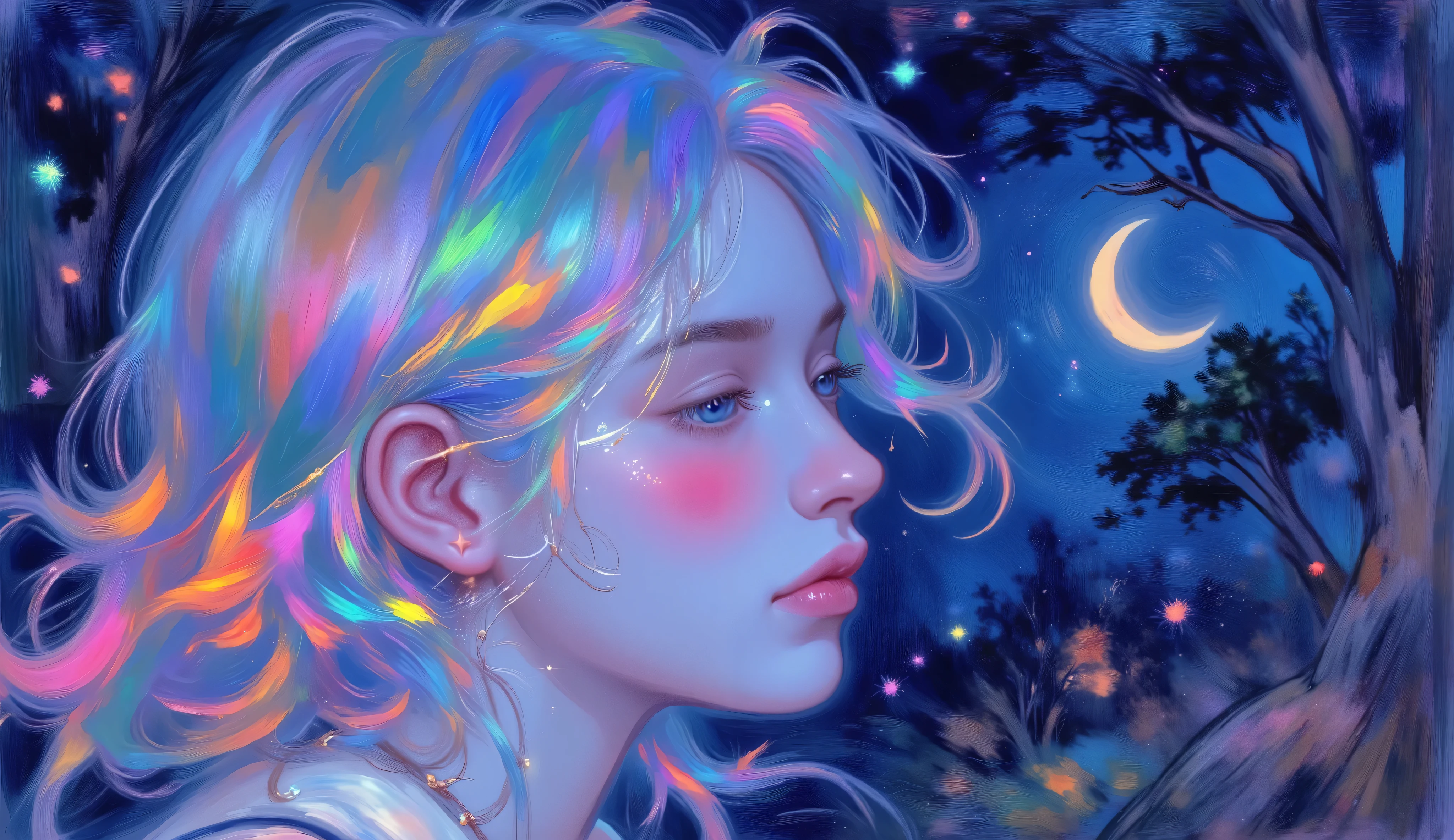 impressionist_ style ,oil ,brushstrokes that capture the essence of Impressionism with its vivacity, brilliant representation of a female face.
Illuminated woman's face. The wind blows and your hair flies with the wind,She is in profile, her eyes reflects the celestial light. Eerie fog and dark trees surround her. background only the starring night, and a big crescent moon. painted in the style of Van Gogh.
Free and Expressive,focuses on the interaction of contrast and light instead of precise details. The colors are rich and dynamic, Blue Spectrum, Neon pink and white that creates a dreamy atmosphere. The person's pose is soft and meditative, vestir, adds emotional depth to the scene.,
TODO,this image embodies the impressionist ideal of capturing the moment,Sensory Effects of the Scene,uses color and light to convey mood and emotion.,
inspired by Impressionism , soft brushstrokes , impasto ,Capturing Light and Atmosphere,optical mix , pinturas impressionists,oil,are bold and textured,create dynamic and vivid scenes, Claude Monet ,Sensory Effects of the Scene,Edgar Degas, Camille Pissarro ,
