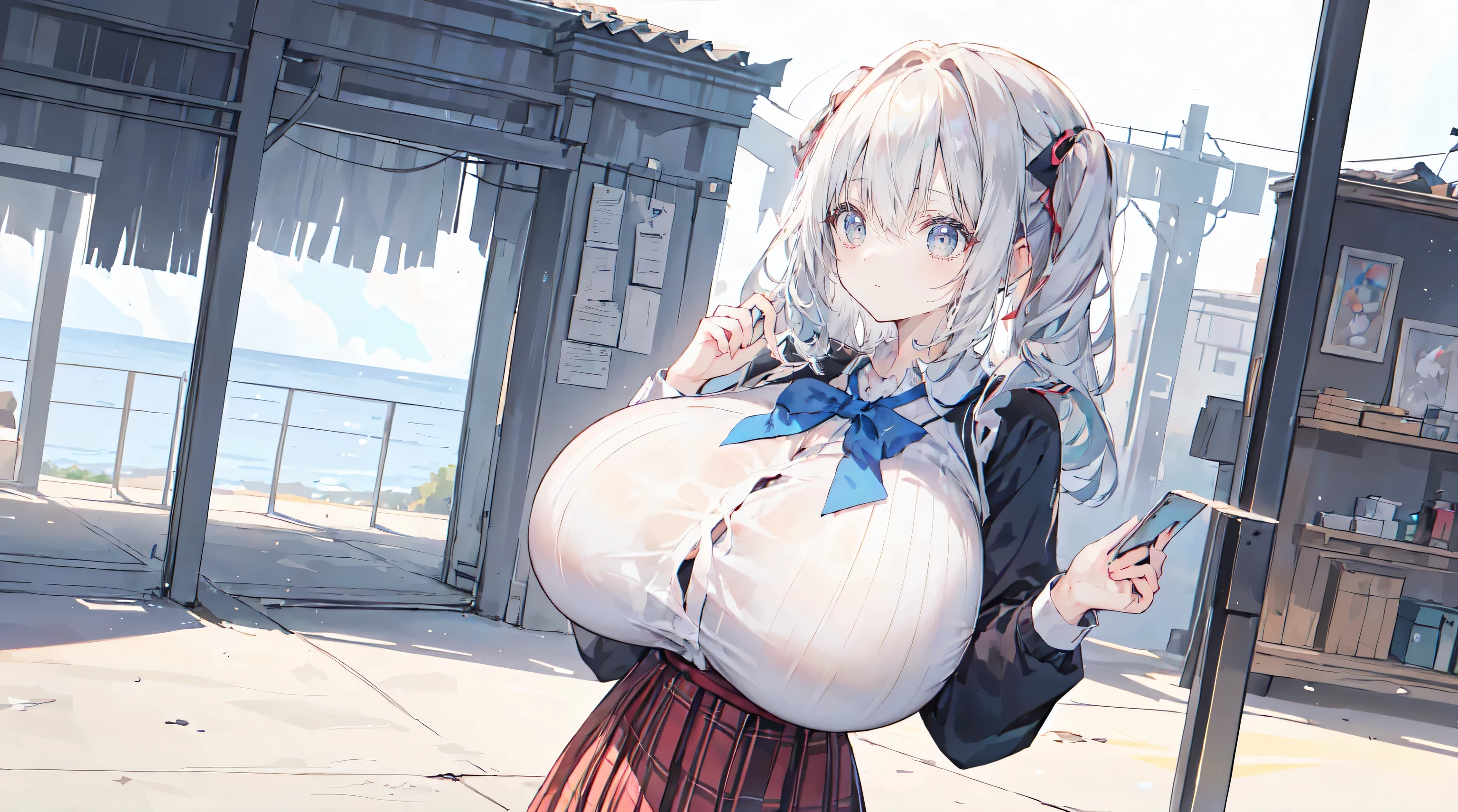 masterpiece, high quality, high detail, 4k, rtx, high resolution,1girl, blue_streaked_hair,hair_over_one_eye, blue_eyes,very long hair,braid,white hair_ornament,white skin,black nail_polish, solo,(long sleeves:1.2),(white bandeau top:1.2), strapless,cleavage, microskirt,thighhighs,thighs,: o,cute face,(Well-shaped and firm huge breasts, developed huge breasts),(underboob:1.2),bursting breasts,happy,stomach, navel,aged_down,(on side:1.2),arms behind head or hands between legs, beautiful background, festival, beach, walking,