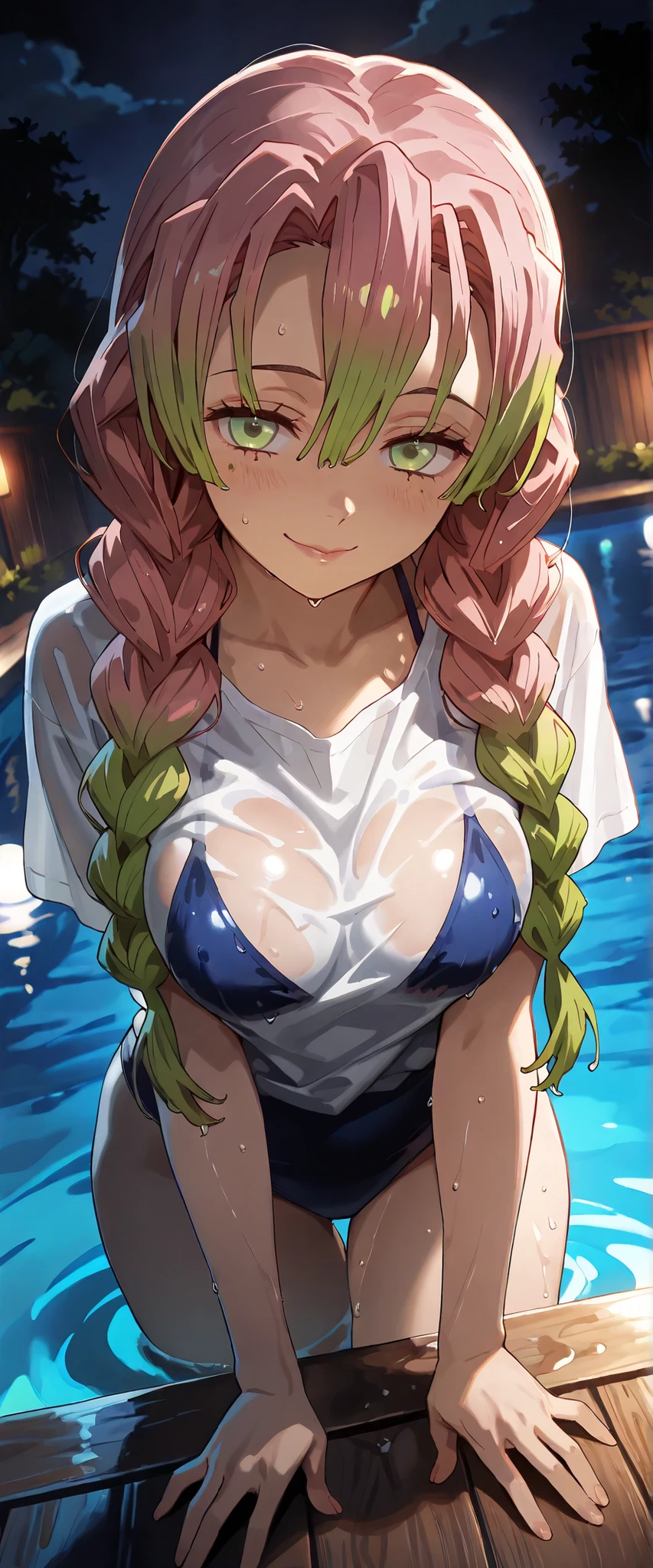 1 woman, kanriji mitsuri, dutch angle, from above, multicolored hair, pale green eyes, white t-shirt, wet shirt, blue two-piece bikini, seductive smile, seductive pose, coming out of the pool, outdoors, night, chiaroscuro, masterpiece, high quality, highly detailed