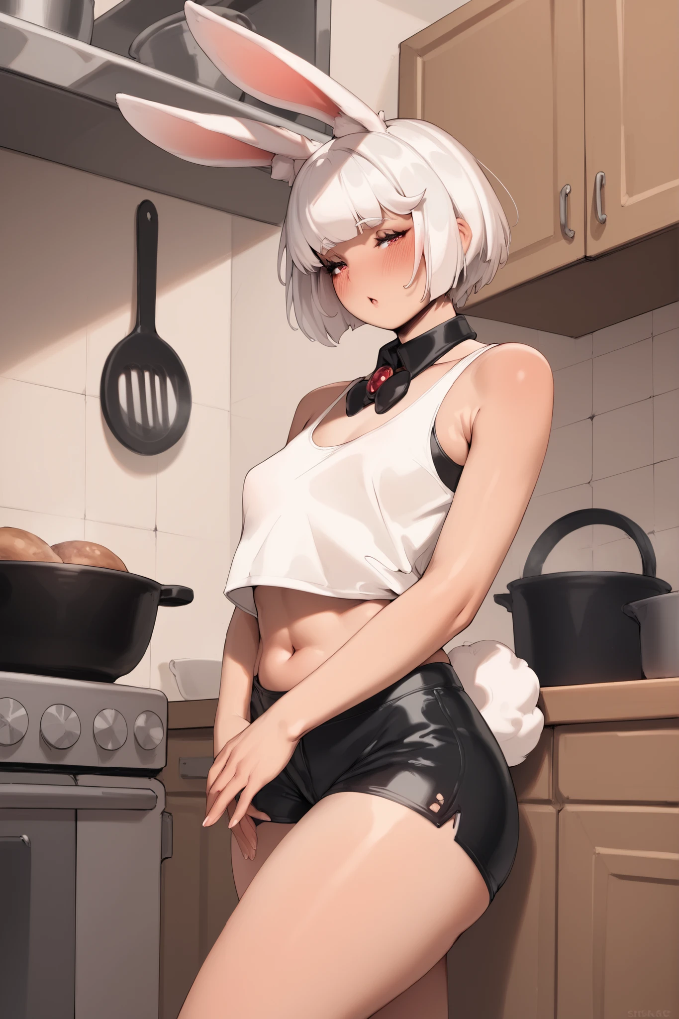 1 shortstakc girl, short white hair, red iris, rabbit ears, rabbit tail, white skin, blush lines, voluptuous, small breasts, thick thighs, white hairs around neck, white tank top, black latex micro shorts, kitchen  