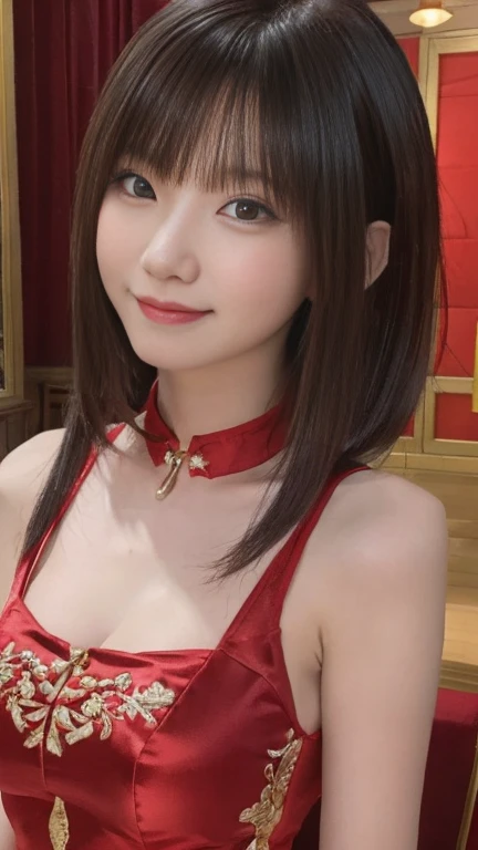 Red dress,Chinese clothing,china dress,brown hair, hair over shoulder, 26years old woman, grin, blush, Surrealism, Hyperrealism, Verism, wide shot, UHD, masterpiece, ccurate, anatomically correct, textured skin, super detail, high details, high quality, highres, 1080P, HD, 8k