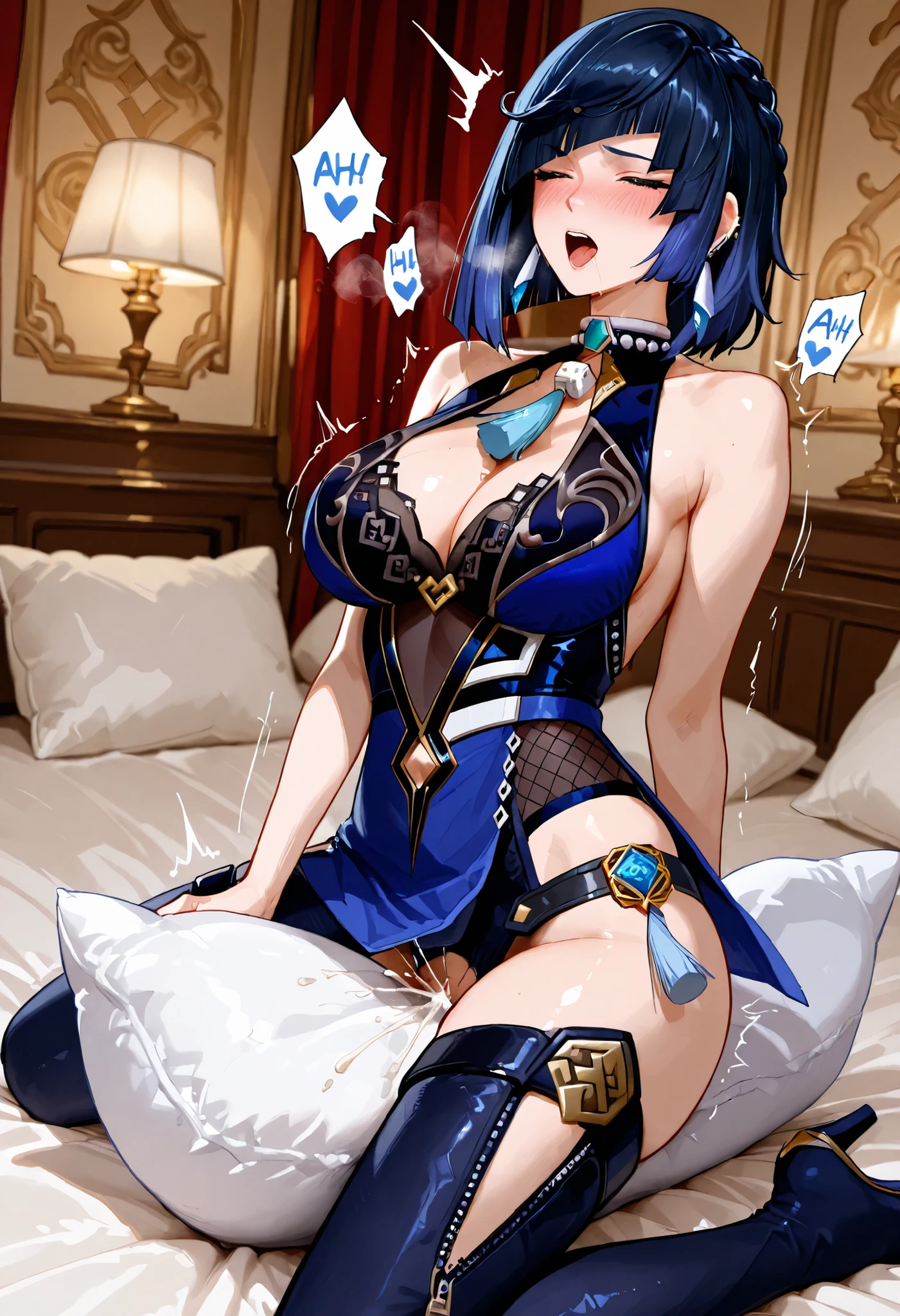 hot woman, 1girl, solo, Yelan of Genshin Impact, clothed, pillow humping, Orgasm expression, in a luxurious room