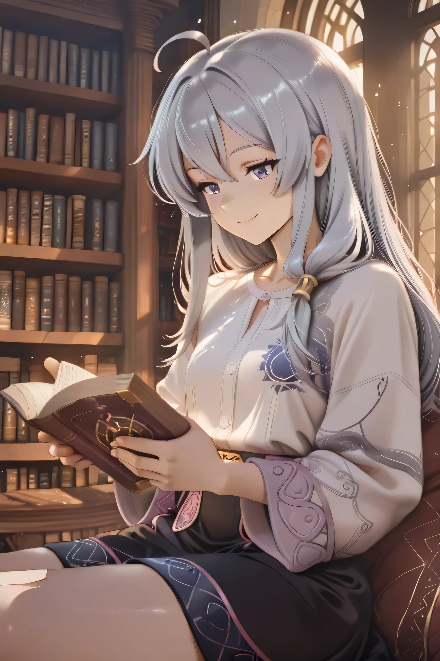 Elaina, silver-haired anime girl, sitting comfortably in a cozy library, reading a book with a gentle smile. Long silver hair, soft lighting from the window, casual outfit (white shirt with simple print, dark skirt), bookshelf background, warm atmosphere, highly detailed face, smooth skin, soft shadows, cinematic light, anime style, ultra detailed, masterpiece, best quality