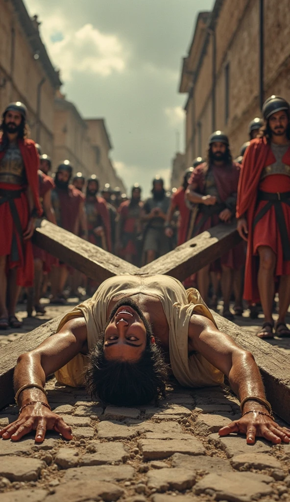 Jesus is depicted in the moment He falls to the ground for the first time, lying underneath the heavy Cross. The scene captures His extreme suffering as the weight of the Cross presses down on Him, almost burying His body beneath the wooden beam. His robe is torn and dirty, and blood from the crown of thorns continues to trickle down His forehead, mixing with sweat. His hands and knees are scraped and covered in dust. Roman soldiers stand around, with some roughly pushing Him to get up, while others watch with indifference or scorn. The background shows the crowded, dusty streets of Jerusalem, with the overcast sky reflecting the sorrow and despair of the moment. The scene emphasizes Jesus's physical and emotional agony under the burden of the Cross.