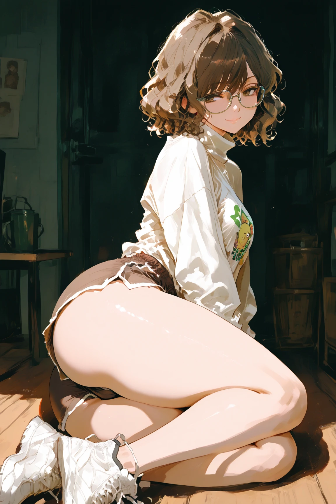NSFW, (masutepiece), (photo realistic1.4), 超A high resolution, Best Quality, 8K,come before:1.0,perfect hands, perfect fingers, perfect legs,1girl, squaing from side, upper body,(sideways glance:1.3), looking at viewer, looking up, rubbing eyes, hand up, leaning back, 1woman,idol master,((hina araki)), (20yo, beautiful girl, cute girl), (beautiful brown eyes), (beautiful orange hair), (((short hair))), (waviy hair), (wet hair), (wet skin), (sweat), (steam), (flat chests, large breasts),((green truck suit)), ((open clothes)), (wet, sweat:1.3), ((wearing glasses)), (food,cup, table, plate, bowl, pizza, drink,pov_across_table, dinnig)),(cum on body:1.9, cum on hair:1.9. cum on face:1.9, cum on mouths:1.1,cum on table:1.9)),((multiple boys, peeing on a girl, multiple penises, gangbang))),ahegao,ecstasy torogao, saliva trail, nose blush,((shyness smile:1.3)), ((eat cum:1.7)),(peace sign:1.5),(bouncing breasts), (Gravure Pose), (sex,reverse cowgirl),(looking back),(indoor,my room),