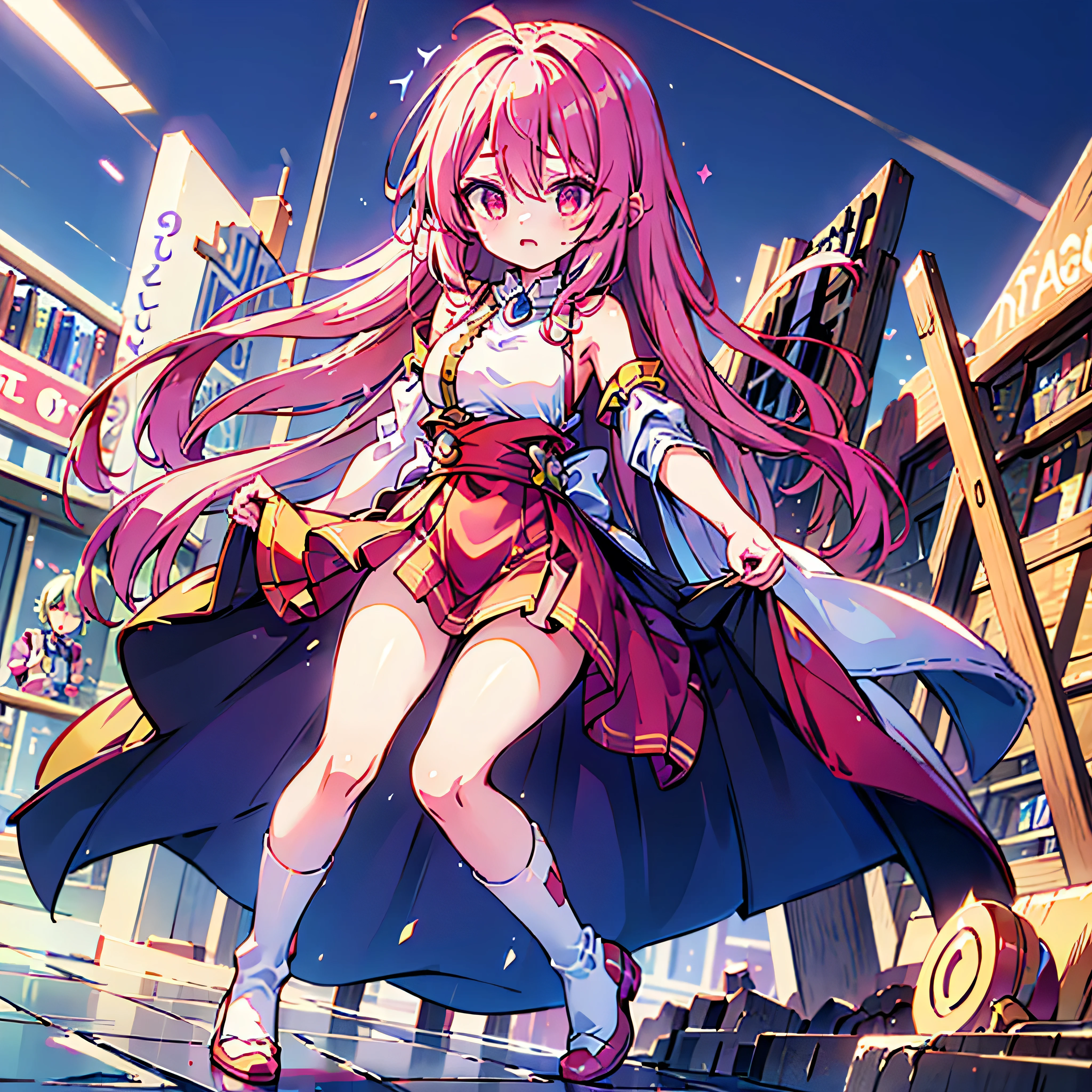original female Flügel character from No Game No Life universe, full-body, elegant and powerful, long fluffy gradient hair (pink to blonde), golden glowing eyes with slit pupils, large geometric magic wings made of circuits and light, wearing futuristic and revealing Flügel-style outfit with high collar, detached sleeves, glowing runes, and thigh-high boots, levitating with open book and glowing spell circle in hand, confident expression, background of a glowing floating library in the sky, cinematic lighting, anime-style shading, ultra detail, masterpiece, 8k