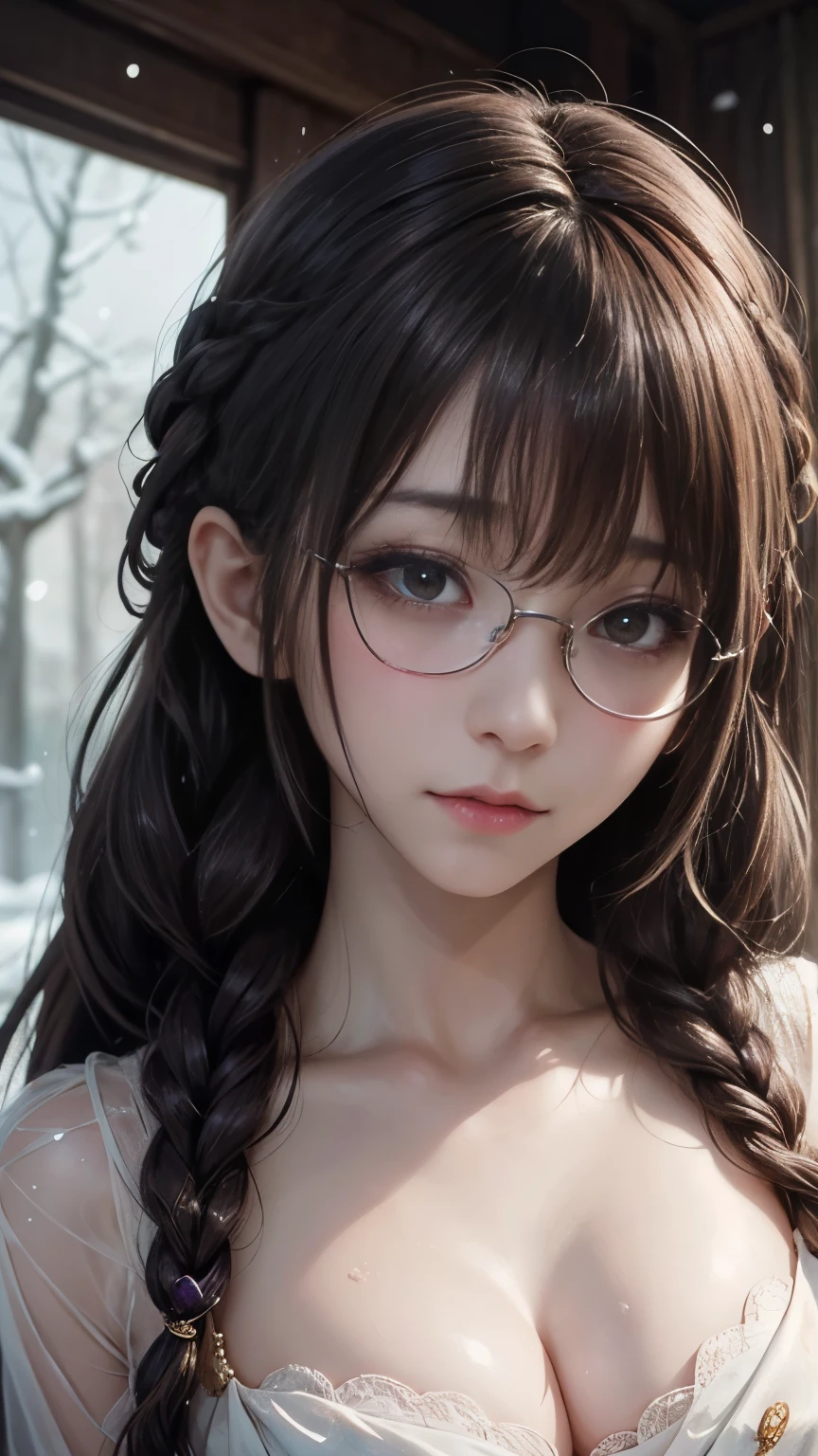 1 female,Brown Hair, ,((Anxious expression)),Small breasts、Small breasts,stylish,,(look forward to)(((blush、Surprised expression)),(((Curly Hair、Long Hair))),Frameless Glasses