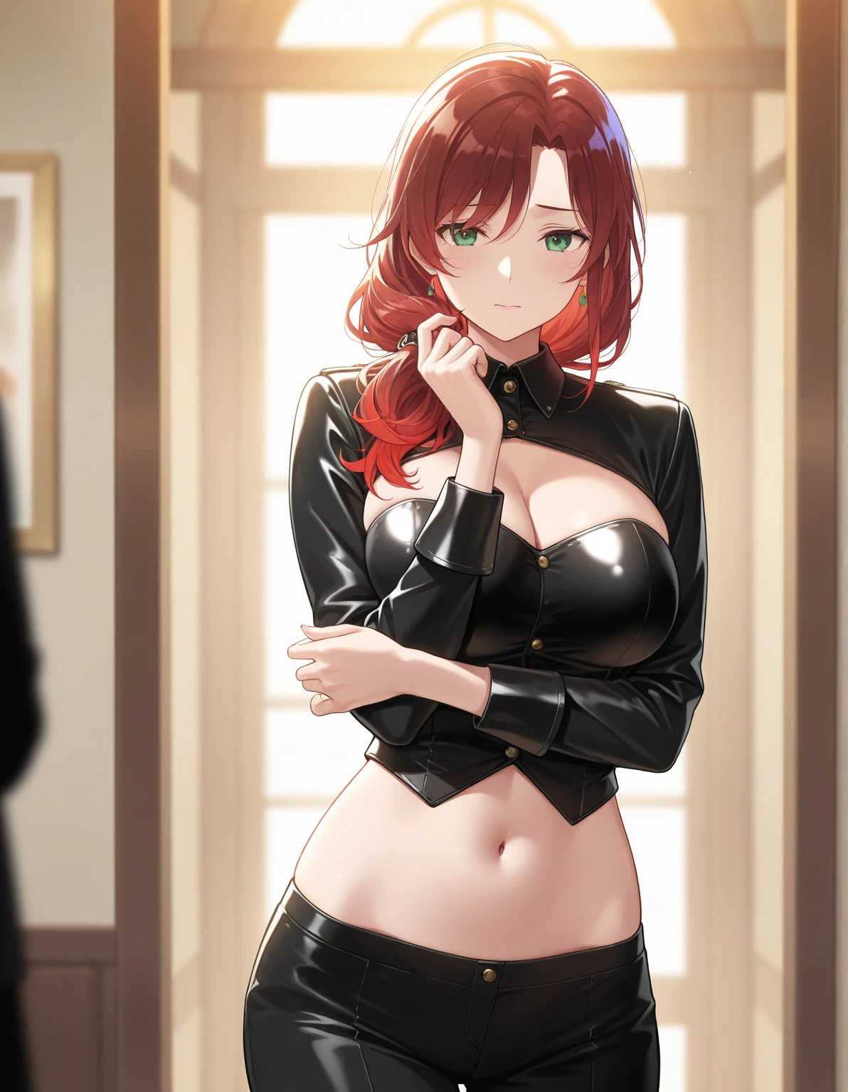 (tmasterpiece,A high resolution,best qualtiy:1.2),8K,highly detailed,复杂,rich colourful,vibrant image,Clear focus,cinematic ligh) pink hair,long whitr hair,Green eyes,body builder (Wear black business attire,black_Collared shirt cropped jacket,tiese,tiese,Red pants,a garter belt,Leather belt) (Large, Perfect round breasts,Hourglass body,Big breasts Thin waist,Very thin waist, photograph realistic,(hyper realisitc:1)big breasts beautiful, tmasterpiece,Best quality at best,extremelydetailedface,s the perfect face,beauitful face,Perfect lighting,Detailed eye makeup,Details of the face,Nice detail eyes,pretty hand,perfect hand,glowing light eyes(realistic pupil,Realistic iris:1)Heavy eye makeup,(empty Casino)(Posing dynamically)pantiess, sakura haruno, ((bright red clothes)), ((blushing)), ((open mouth)), ((drooling)), ((wet)), ((midriff)),