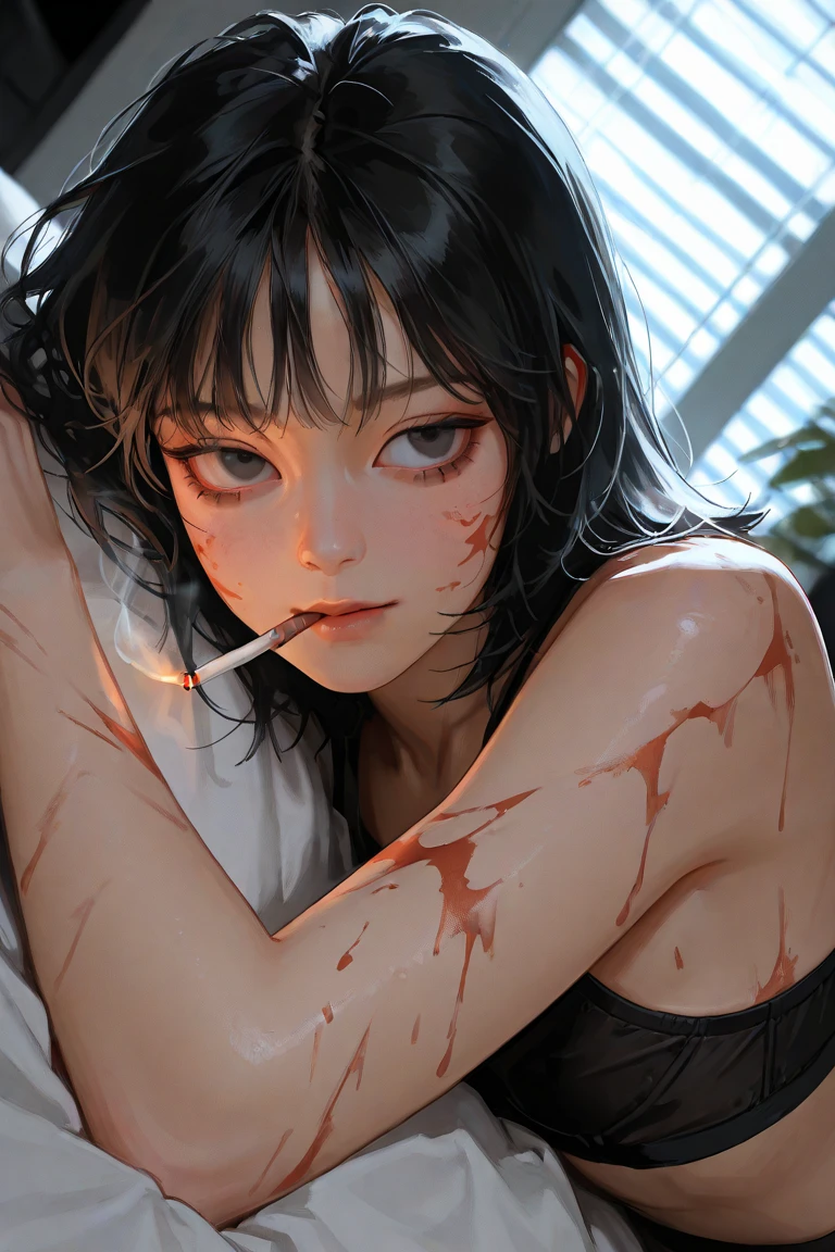 a succubus feeding a devil cigarette ash, succubus, mouth wide open, tongue sticking out, ash in mouth, ash on tongue, long cigarette ash, flicking cigarette ash, ash falling into mouth, very skinny, devil horns, lying on the ground