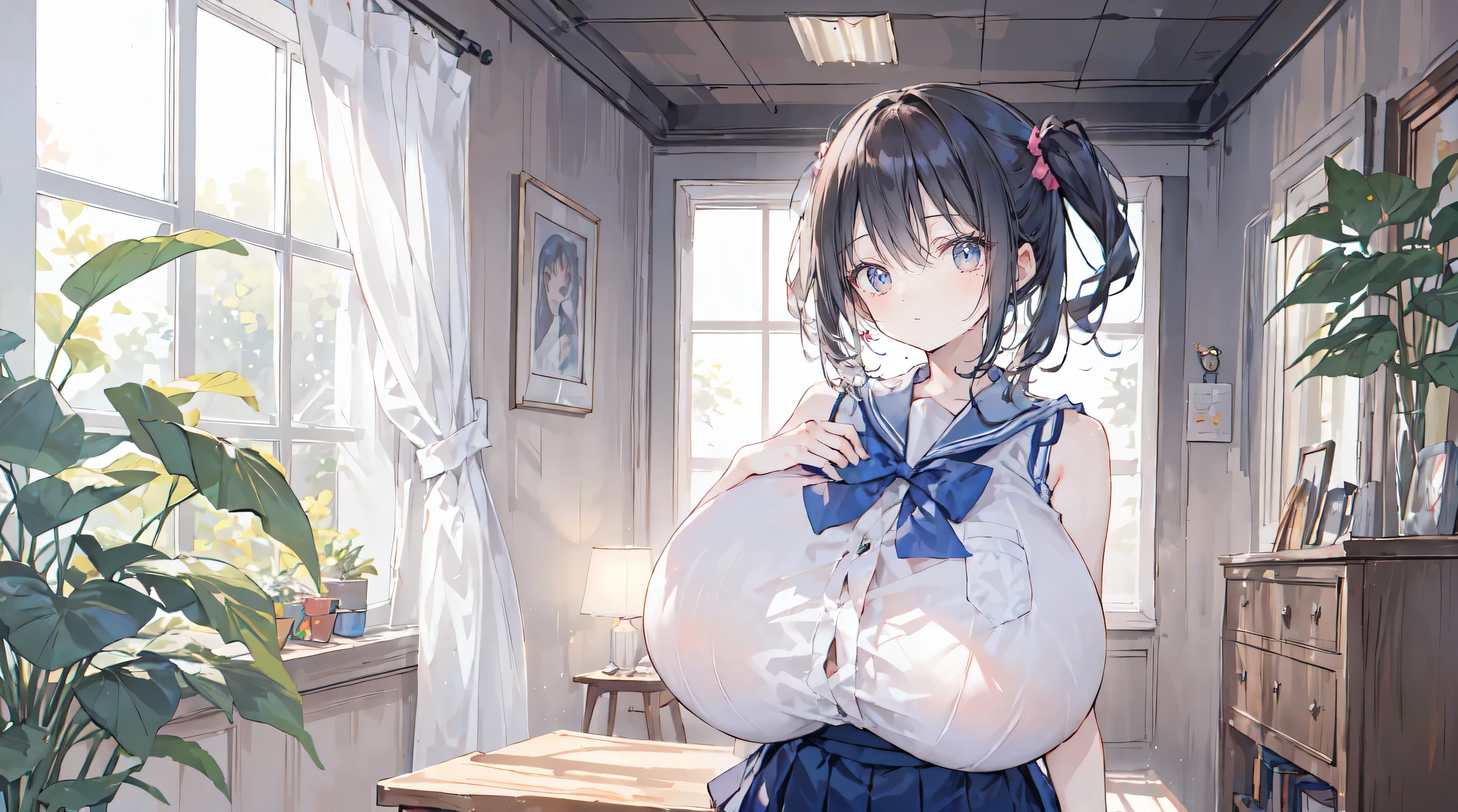 side view,from side,((sleeveless top with p)),((miniskirt)),((school uniform)),(((very young girl))),upper body,side view,((gigantic-breast)),standing,Fairytale room,,twin tails,