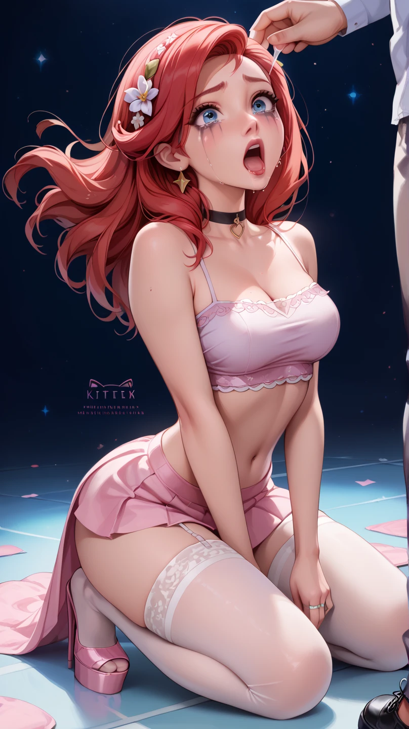 teenaged, pudgy, Sheer underwear, reddened face, Neat breasts, Nipples through clothes, cat ears, cat tail, Miniature, the anime, rose hair, spreading legs, drooping belly, obscene facial expression