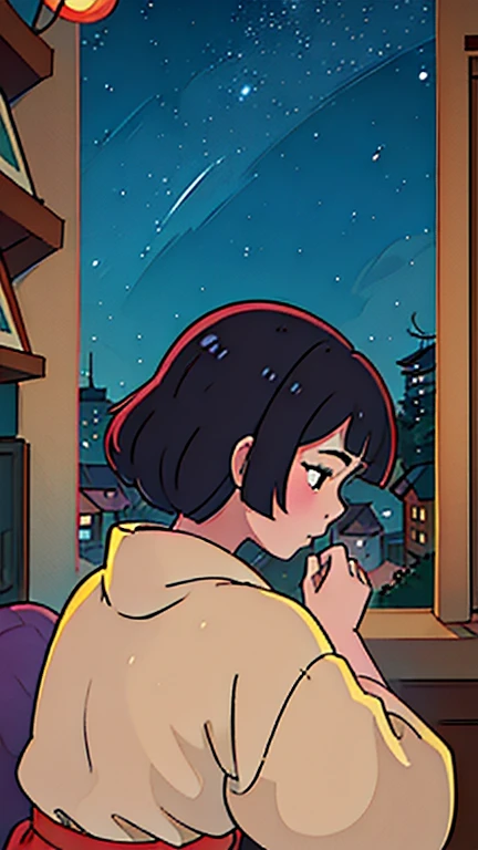 , short hair, dark hair, tan, green eyes, black sweater, bare legs, Sitting on the bed looking at the window, it's night, The night is full of bright stars, From the window you can see buildings with their windows open,