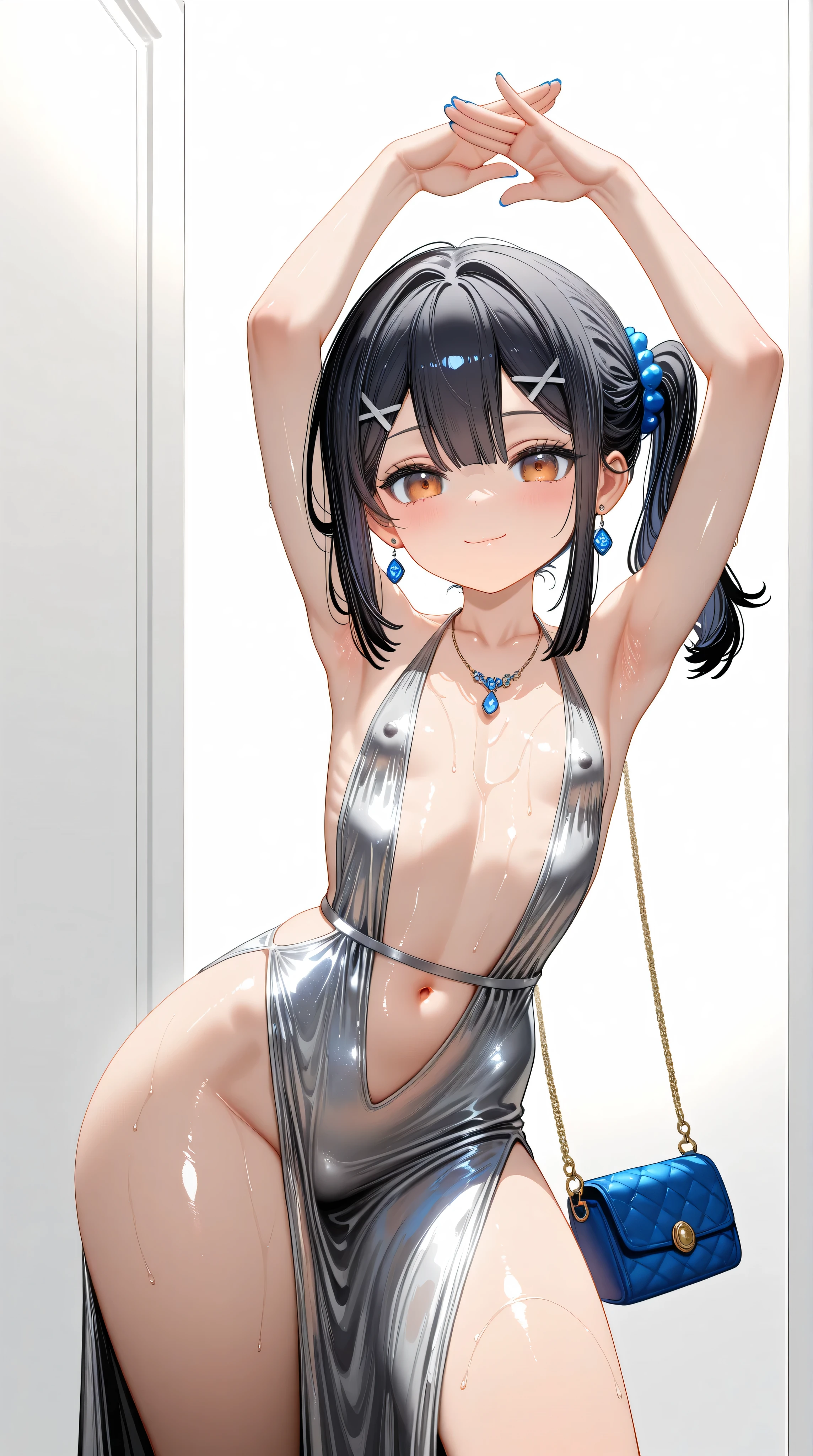 1girl,(Miyu Edelfelt),,toddler,petite,cute face,black hair,brown eyes,seductive smile,solo,huge ass,colored skin,erect nipples, jewelry, dress,necklace, bangs,x hair ornament, bare shoulders, side ponytail, halterneck, plunging neckline, sidelocks, halter dress, backless outfit, silver dress, nail polish, backless dress,closed mouth, blush, bag, revealing clothes, earrings, hairclip, handbag, sweat, looking at viewer, evening gown,arms up,(jojo pose, jonathan joestar's pose),standing, legs apart,center opening,navel,thighs, blue nails, flat_chest, official alternate costume, hair between eyes, best quality, amazing quality, very aesthetic, absurdres,masterpiece,best quality,newest,highres,absurdres,very awa,shiny skin,(artist:loika:0.5),(artist:xiaoshou xiansheng:0.8),artist:rin31153336,artist:gawako,(oiled),