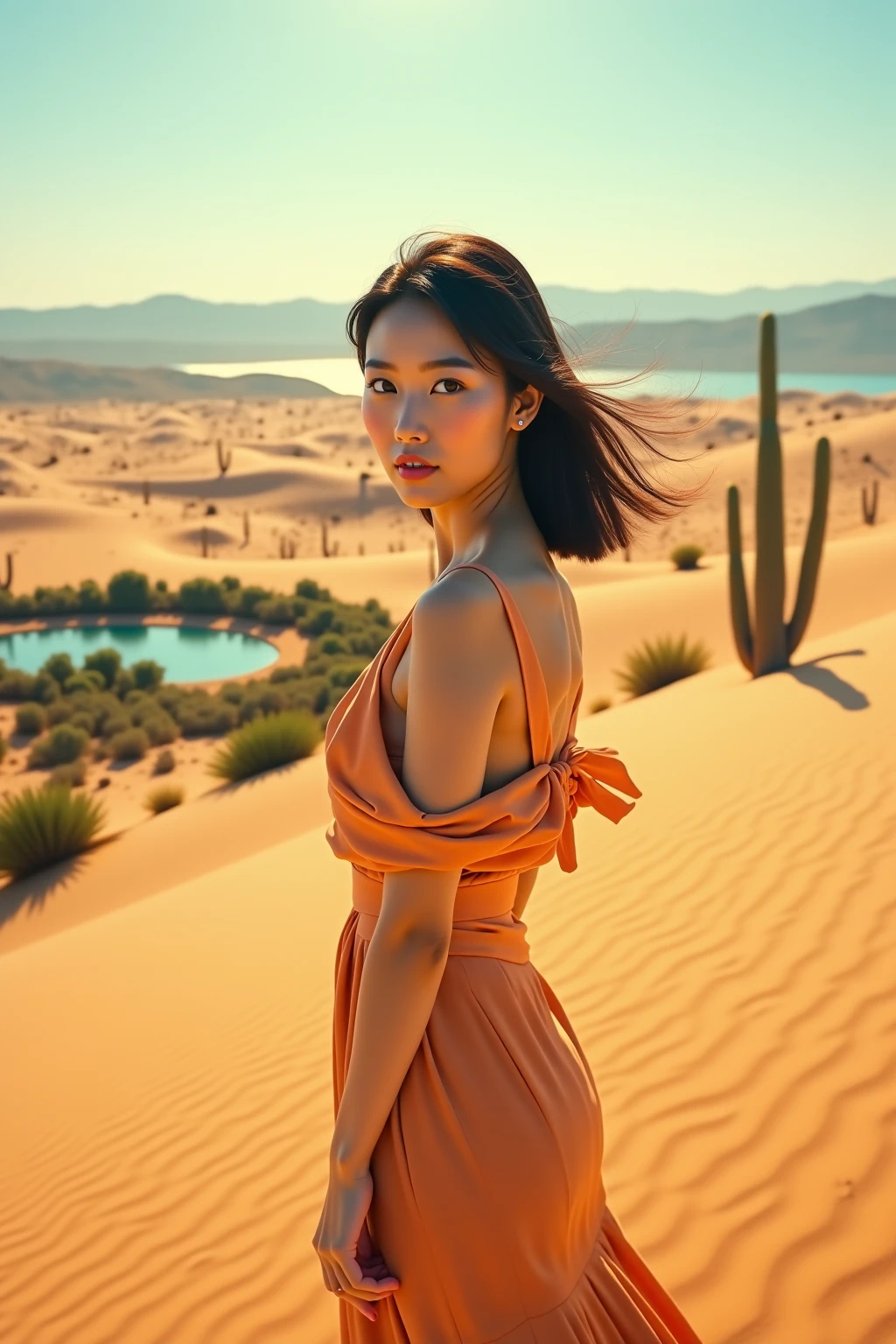 Dark Brown hair、Light Brown eyes、Japanese actress、I am about 25 years old....、(Intricate details:1.2)、(Which is the top????:1.4)、 (Ultra-high resolution:1.2)、Ultra-high resolution、(Finely tuned)、(Detailed facial features)、Hmph、8K resolution、D cup size breasts、Long Hair、sunlight、Sleeveless dress、Asymmetric design、mud wall、rock、Full body photo、desert、Brown、orange、Sexy pose、Sexy Looks、Sexy look、Vast natural scenery in the background、Angle from below、In the heart of the desert、