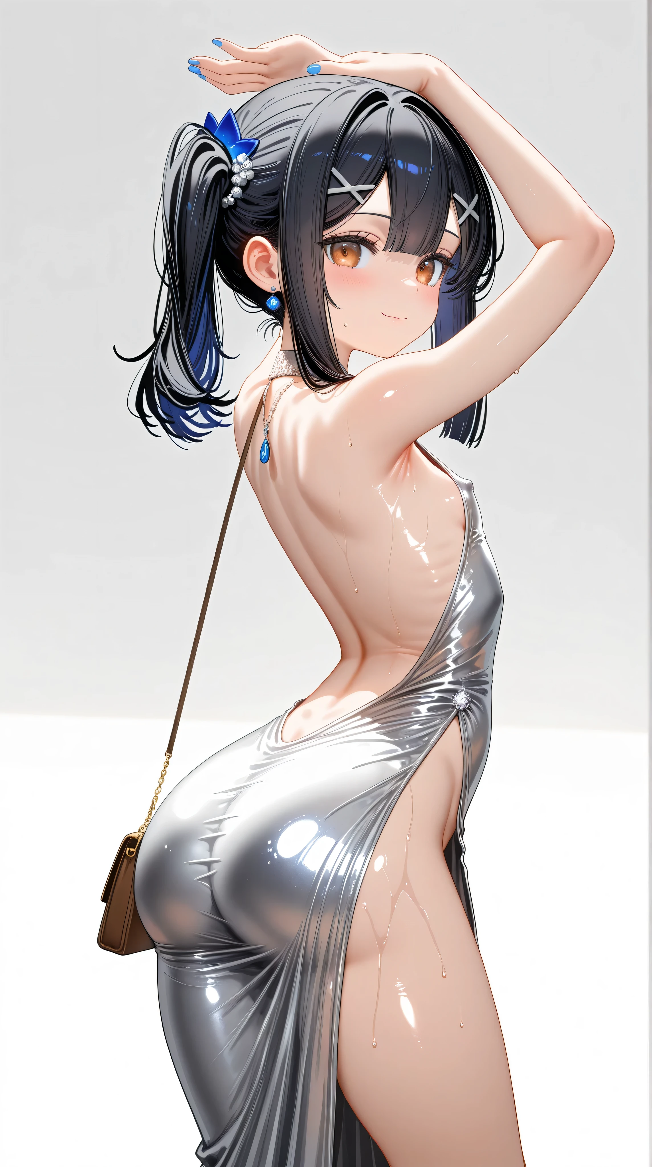 1girl,(Miyu Edelfelt),loli,toddler,petite,cute face,black hair,brown eyes,seductive smile,solo,huge ass,colored skin,erect nipples, jewelry, dress,necklace, bangs,x hair ornament, bare shoulders, side ponytail, halterneck, plunging neckline, sidelocks, halter dress, backless outfit, silver dress, nail polish, backless dress,closed mouth, blush, bag, revealing clothes, earrings, hairclip, handbag, sweat, looking at viewer, evening gown,arms up,(jojo pose, jonathan joestar's pose),standing, legs apart,center opening,navel,thighs, blue nails, flat_chest, official alternate costume, hair between eyes, best quality, amazing quality, very aesthetic, absurdres,masterpiece,best quality,newest,highres,absurdres,very awa,shiny skin,(artist:loika:0.5),(artist:xiaoshou xiansheng:0.8),artist:rin31153336,artist:gawako,(oiled),