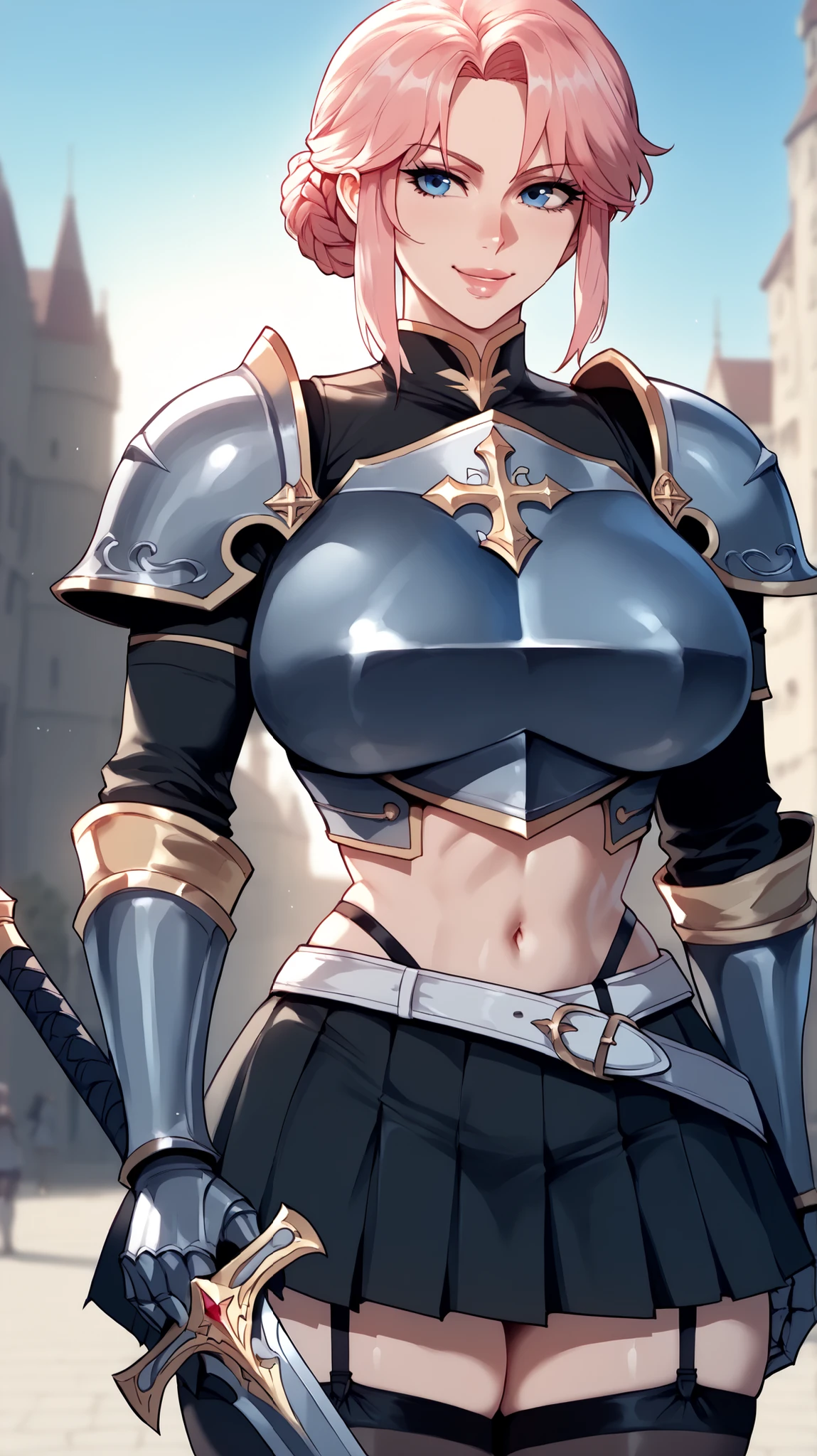 LeinaQuiron woman, breasts, blush, blue eyes, blonde hair, large breasts, cleavage, braid, hairband, armor, twin braids, side braid, short hair with long locks, buckle, shield BREAK (masterpiece, best quality:1.3), 4k, ultra-detailed, trending in pixiv, intricate details, detailed background, detailed eyes, BREAK (in the castle, outdoors:1.4), BREAK 1girl,, (upper body, breast focus, smile, :d, blush:1.3), (contrast, light particles:1.2), (shiny skin:1.3), 1boy, talking to another, chatting to 1girl