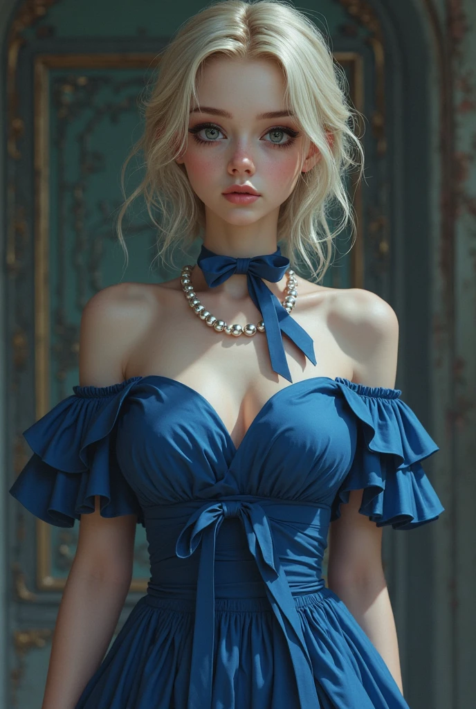 gorgeous lips, (masterpiece), (best quality), (ultra-detailed), very aesthetic, perfect composition, intricate details, absurdres, detailed face, (intricate:1.2), hires textures, slim noble girl, disheveled silver-haired, blue eyes, dynamic angle, pov, curious, looking at viewer, relaxed pose, sitting on cozy sofa, elegant blue halter high neck sleeveless dress, night, living room