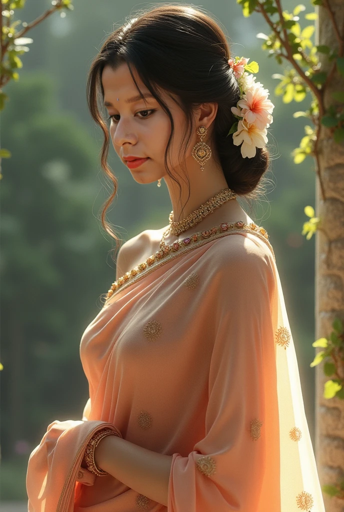 Protrait, photograph, androgynous hunnuman, oval jaw, delicate features, beautiful face, hair, long bangs, long ponytail, bright blue-green eyes, hindu art showing off body brown hair, in old sand stone temple, Russian face blonde hair, sun rays