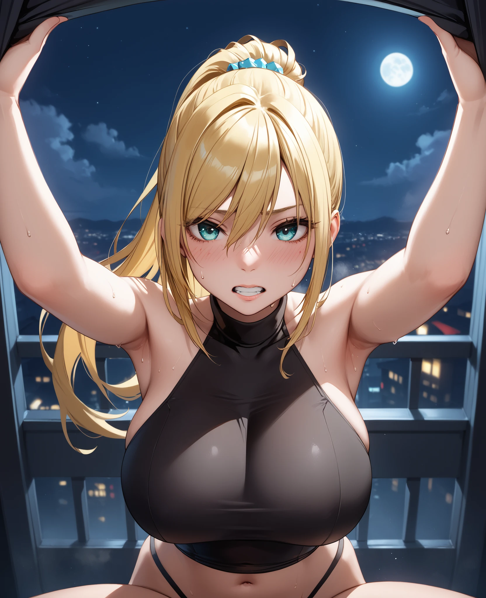 great quality,very beautiful,Absard dress,top quality,newest,masterpiece,4k,resolution,anime screen capture,1 girl,solo, golden hair, ponytail, hair between eyes, Aqua Eyes, super huge breasts that are just about to break, Sweating a lot ,Terribly superior,pleasant face,blush,eats up teeth,(Kesha),black leotard, Covers the clavicle, turtleneck, bare shoulder, Exposed Navel, black thigh high socks, There's a lot of steam,I had sex until a while ago, convulsions,Extend your arms straight up,bending forward,spread your legs,upper body,night,  crimson style