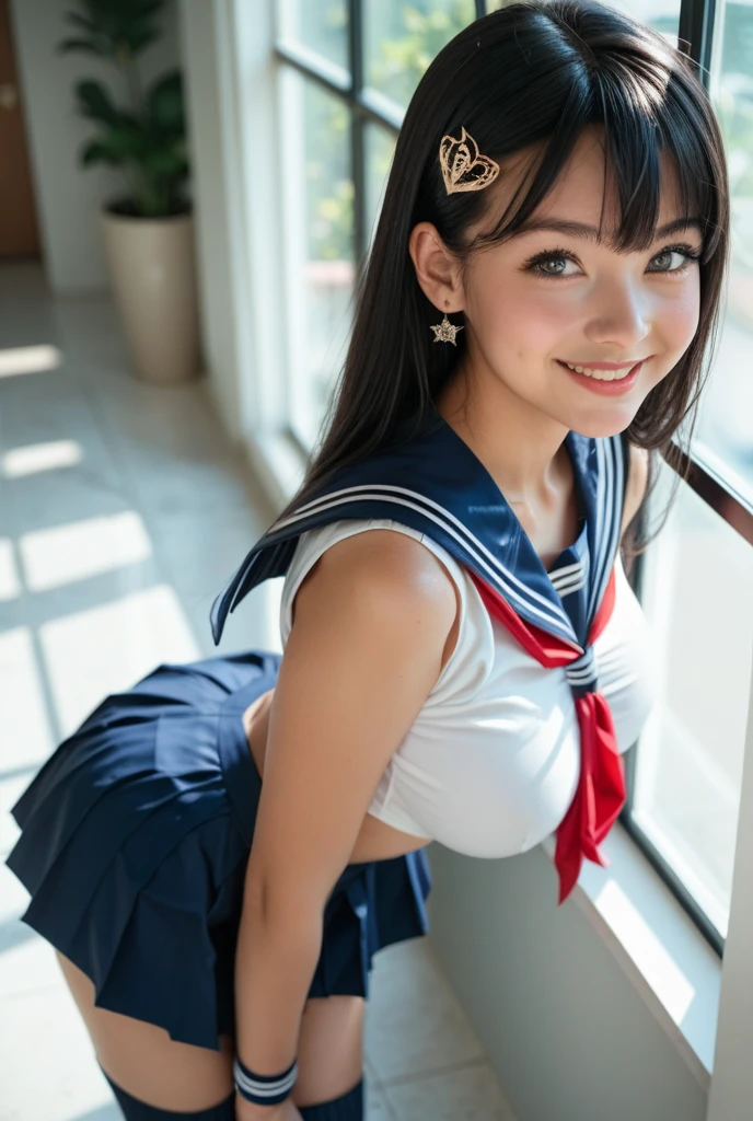 (8K、Raw photography、highest quality、masterpiece:1.2),(black hair:1.7),show viewer,Looking at the front,(super sentai series、precure series costumes:1.8)、(Clothing that emphasizes the shape of your chest:1.2)、(big breasts :1.1)、slim body shape、ultra high resolution,beautiful,beautiful fece,(alone, alone、no background:1.9),whole body,、(black eye、japanese woman: 1.3),(Photoreal:1.37)、photon mapping,reality、(Cute with a baby face: 1.1)、(cute smile: 1.7)、(With a round face: 1.8)、radio city、Physically based rendering、depth of field rally background、photograph, (I can see your knees,close up of thighs、skirt is too short、spread your legs、showing off white panties:1.4)、super fine