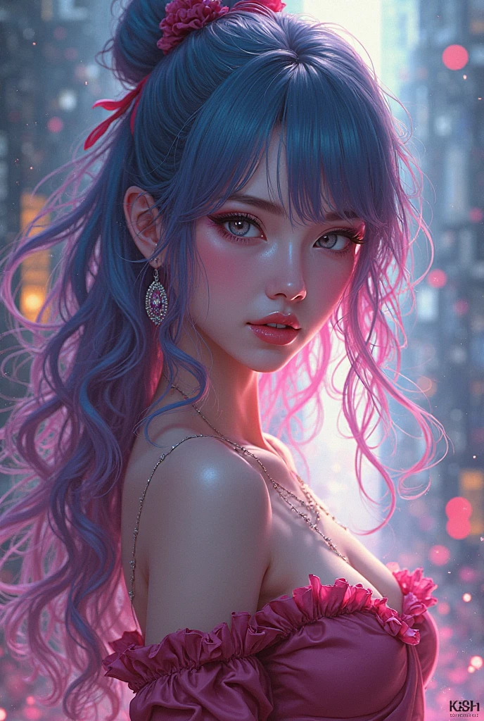 Woman posing for a photo, (wearing a deep V-neck dress: 1.2), (long ponytail hairstyle: 1.3), good feel, 4k, high resolution, masterpiece, best quality, head: 1.3, ((Hasselblad photography)), detailed skin, sharp focus, (cinematic lighting), night, soft light, dynamic angle, [:(detailed face: 1.2): 0.2], ((5 stars hotel background))), big breasts