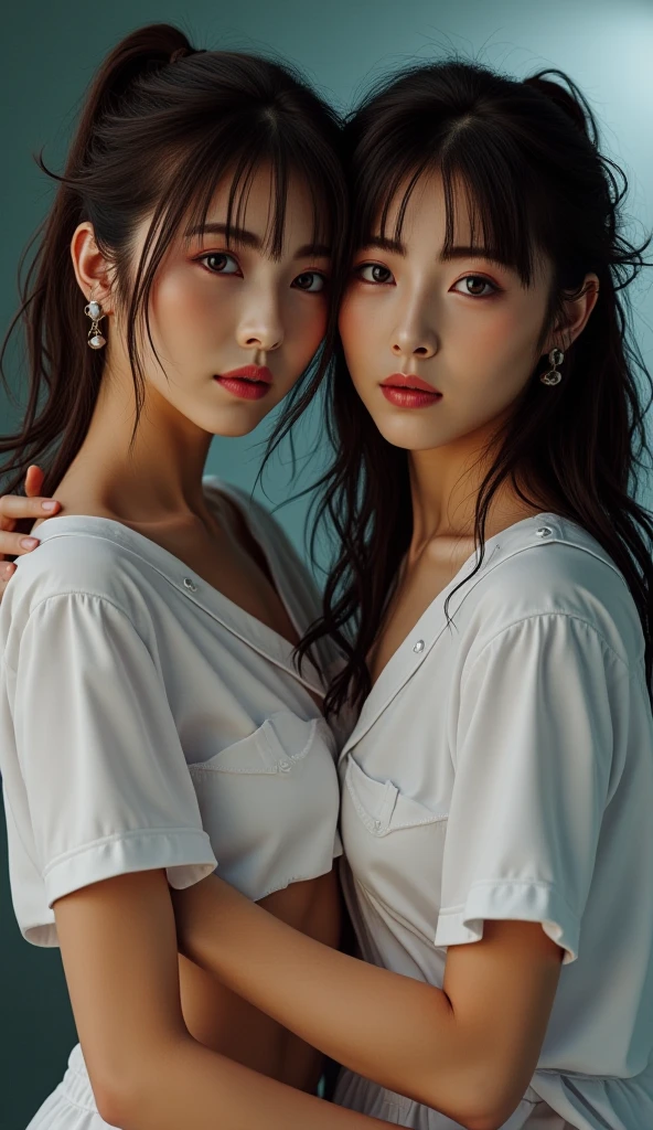 dress、(Photorealistic:1.4)、(hyper Realistic:1.4)、(Realistic:1.3)、(Smooth lighting:1.05)、(映画の照明Improvement of quality:0.9)、32K、Identical twin sisters、20-year-old girl、Realistic lighting、Backlight、Facial Light、Ray Tracing、(Bright light:1.2)、(Improvement of quality:1.4)、(Highest quality realistic textured skins:1.4)、Finely tuned、Detailed face、Beautiful Eyes、(tired, Sleepy and satisfied:0.0)、 Face close-up、T-Shirts、(Enhances the body line:1.1)、(Enhances the beauty of skin texture:1.1)、((naked))
