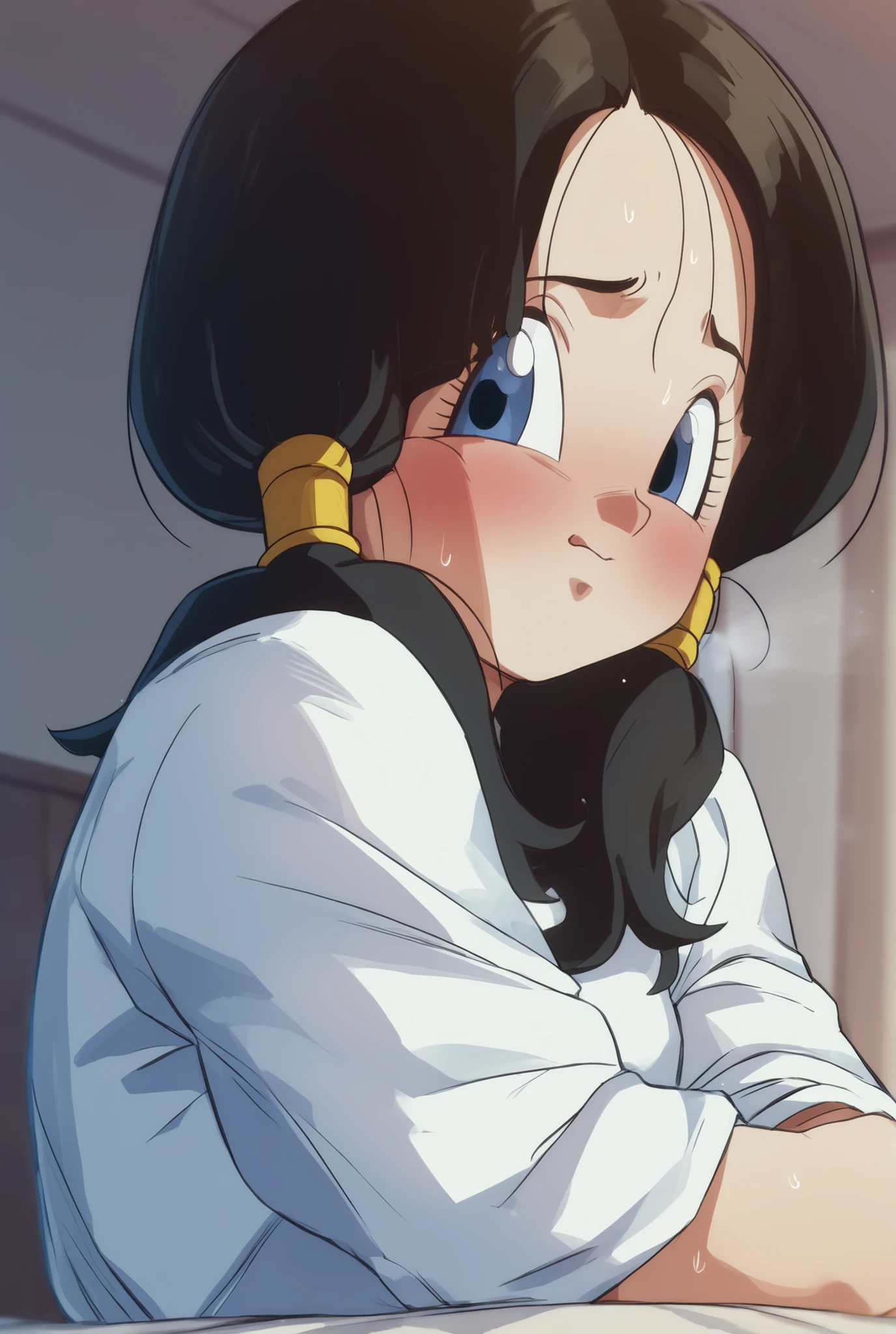 score_9, score_8_up, score_7_up,1 girl、embarrassing、bed、sweat、twin tails、black hair、BIOLOGICALLY CORRECT、blue eyes、can be taken、sexy