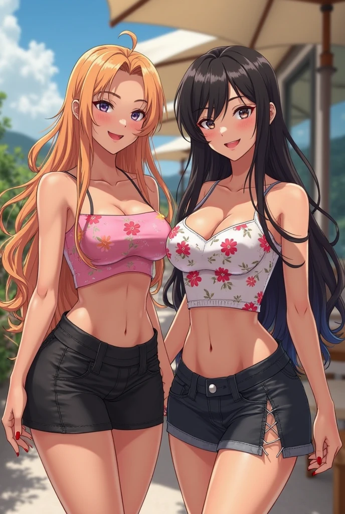 best quality, (masterpiece),(ultra-detailed), (high quality), (high resolution), (2heads:1.5) blonde hair, red orange hair (larger breasts), cleavage, best quality:1.5, highres, UHD, 4K), smiling, ((white t shirt)), ((black shorts)), wearing heeled boots, (detailed glowing blue eyes), (mature woman), casual dress, sexy proportions, (exposed midriff), thighs, Beautiful girl with accentuated slender abs, eyeshadow, beach background
