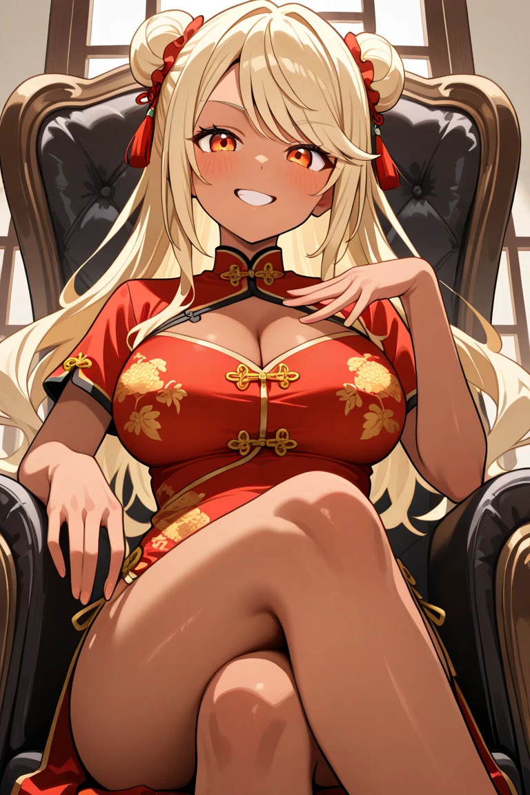 (A beautiful young Japanese woman), nsfw, Detailed Background, (((独奏))), ((Excellent anatomy: 1.2)), (Blonde, long hair), Big Tits, (dark skin:1.8), (green eyes), (Beautiful Eyes), (((red China dress, gold decoration dress, sleeveless, Red stiletto shoes))), (cleavage), (Black Panties:1.5), (grin), Earrings, Sitting on a bench in Chinatown, Beautiful thighs, spread legs, (lift skirt:1.3), panty shot, arms up