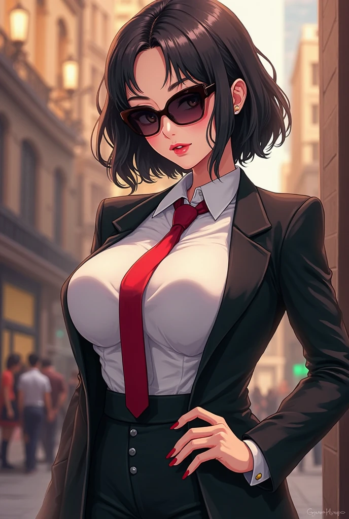 Female busty business woman, short brown bob cut, wearing makeup, wearing business outfit, sexy, cute, full lips, wearing lipstick