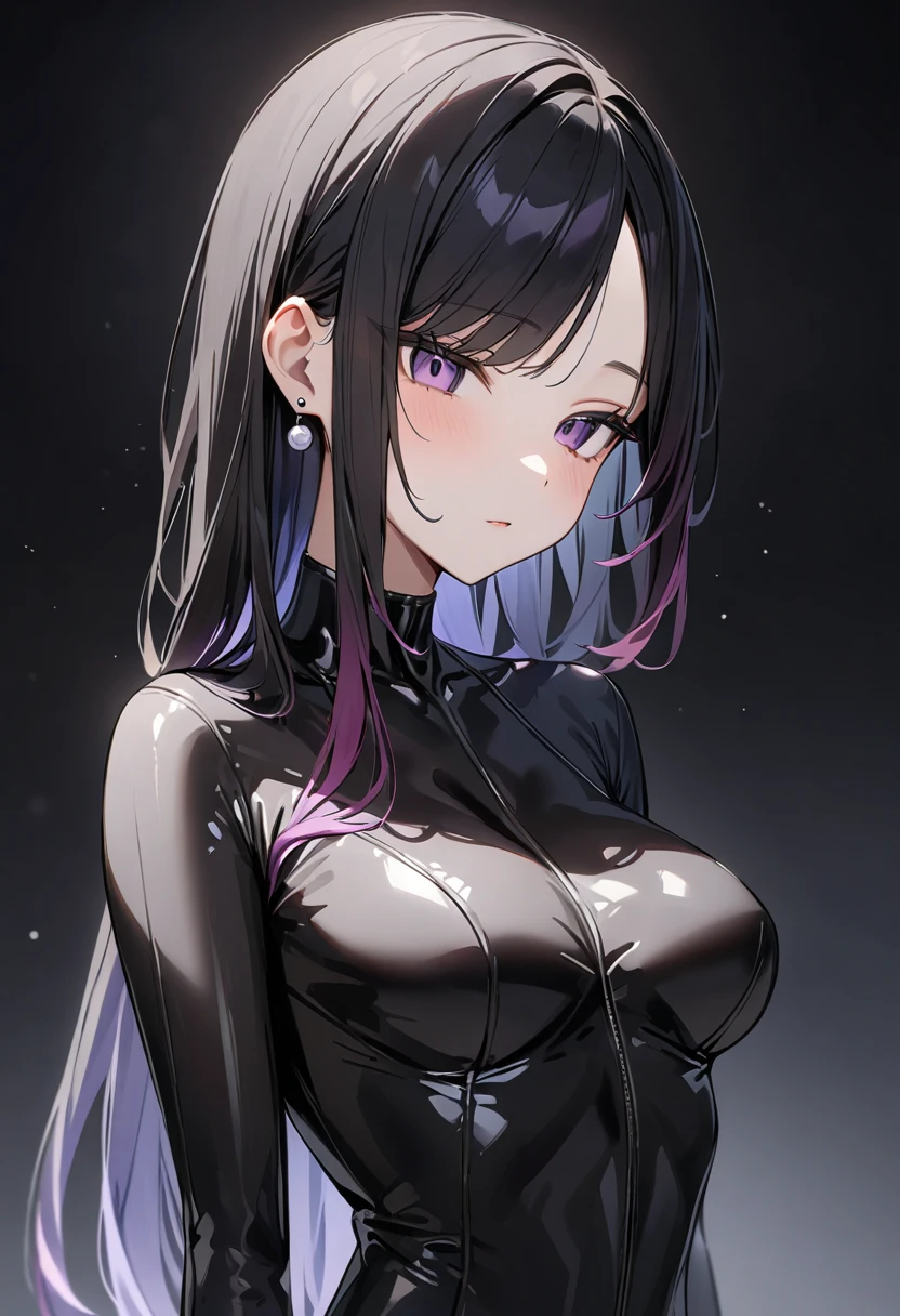 Best lighting,((masterpiece,High resolution,8K quality,Highest quality)),One Girl,((Highly detailed face)),woman,Delicate eyes,((Purple eyes)),((Hairstyle on:Shaved head,Black-haired,Hair that shines in the light)),Lens flare,Dramatic makeup,Smiling graciously,Natural Skin Tone,Big ample breasts,Diffuse reflection of light((colorful:1.5)),bast