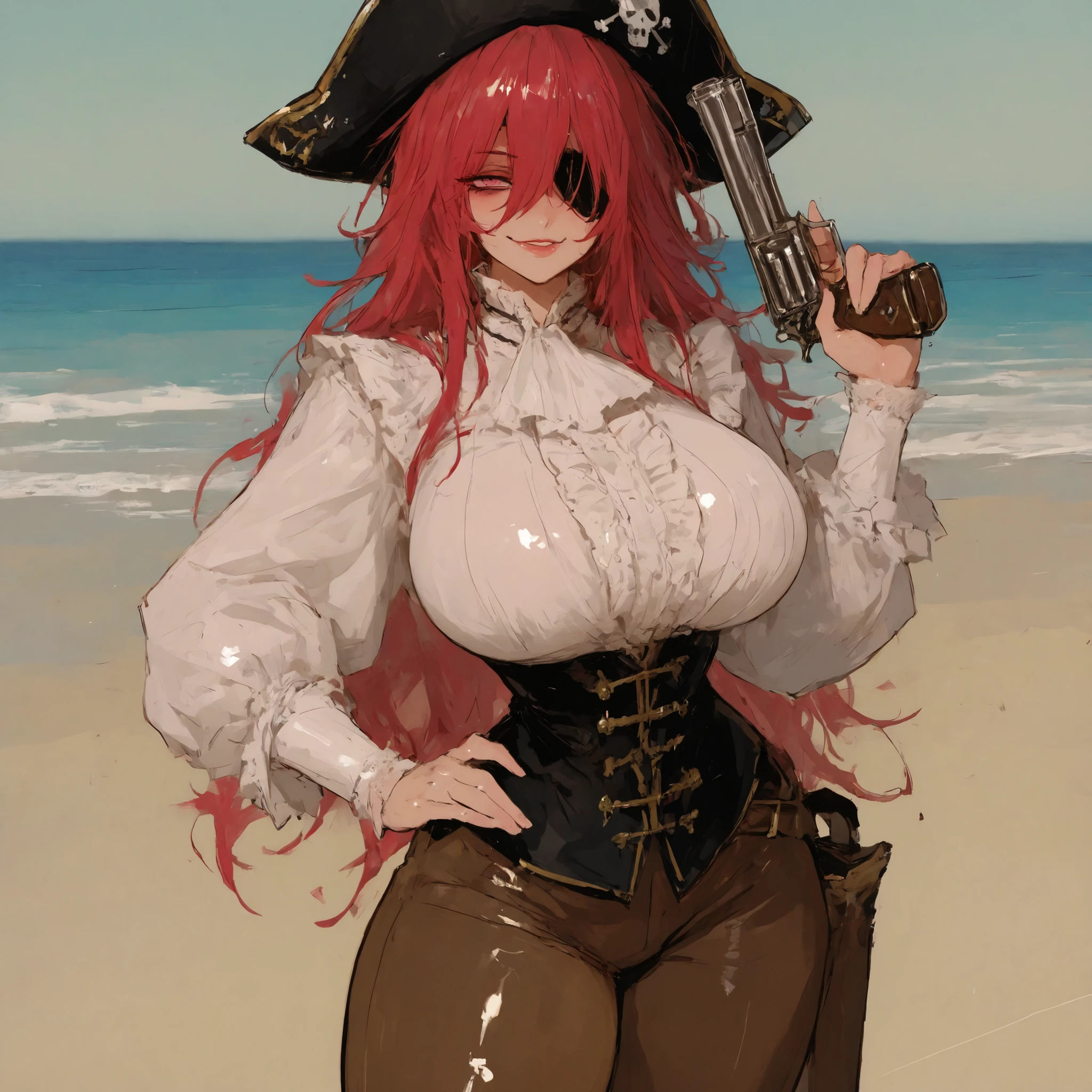 ((Simon Bisley)), Beautiful full-body woman, 30 years old, muscular and perfect body, pirate with little clothes, tiny thong, large breasts, generous neckline, an eye patch, holding a curved sword stained with blood, brave face, dark kingdom, sexy pose, walking on a pirate beach