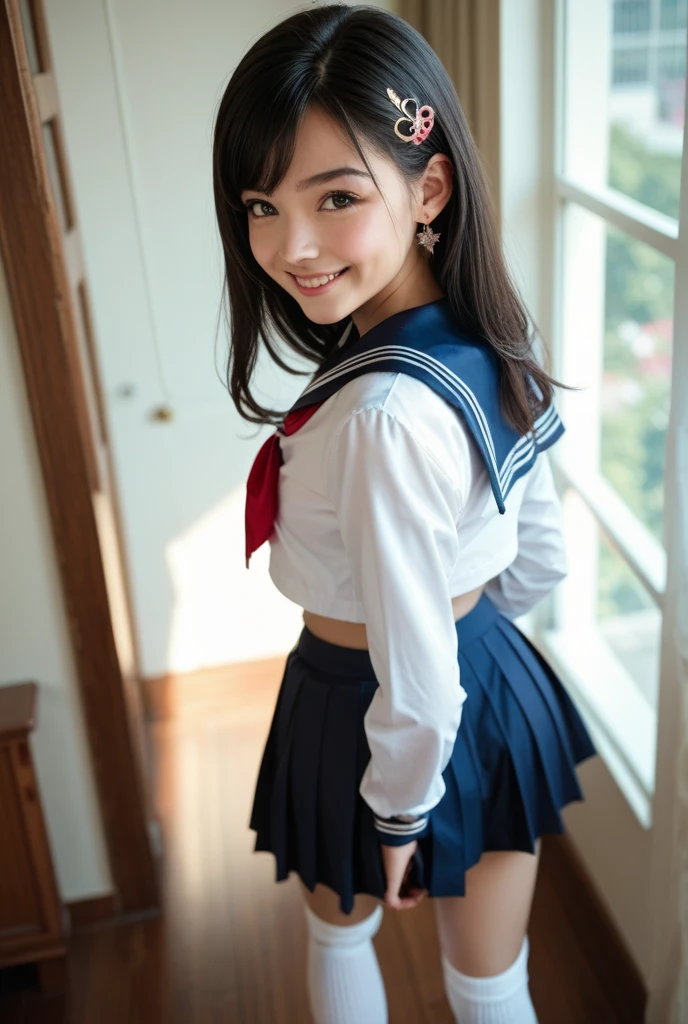 (masterpiece, highest quality:1.2), 8k, Young and beautiful gal girl, 85mm,Official AR RAW Photos, Baby Face、Big tits in clothes、Show me your ears、photo shoot, Cute face, Thighs, After school classes, Looking at the audience, Embarrassing、smile、No makeup, Film Grain, chromatic aberration, Sharp focus, Face Light, Bright lighting, 10 generations, Detailed face, Background blur、((((((16-year-old high school girl))))))、Narrow waist、Sailor suit、cardigan、Navy blue mini skirt、Lift up your skirt with your hands、White tiny panties、Spread your legs