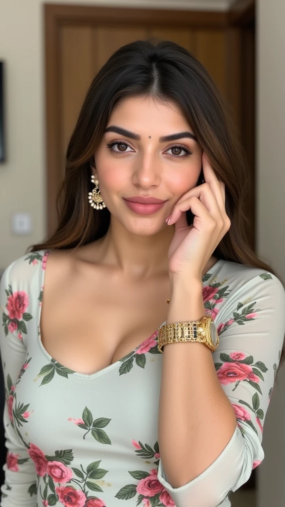((Best Quality, 8K, Masterpiece: 1.3)), (Face portrait), (Pakistani face), (Front Pose), 1 Pakistani woman, Slim Abs Beauty: 1.3, (Hairstyle Casual, Medium Breasts: 1.2), Dress: 1.1, Super Fine Face, Delicate Eyes, Double Eyelids, Smile, Home, Front pose, Pakistani looking, Indian looking