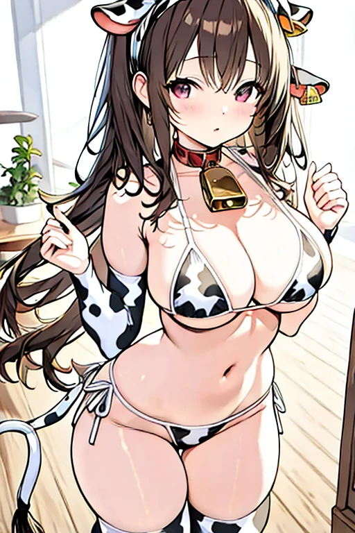 1girl, solo, long hair, breasts, looking at viewer, blush, smile, open mouth, bangs, large breasts, brown hair, ribbon, navel, twintails, brown eyes, swimsuit, hair ribbon, yellow eyes, :d, bikini, horns, choker, bell, arms behind back, thigh gap, animal print, neck bell, cow print, cow ears, cow horns, cowbell